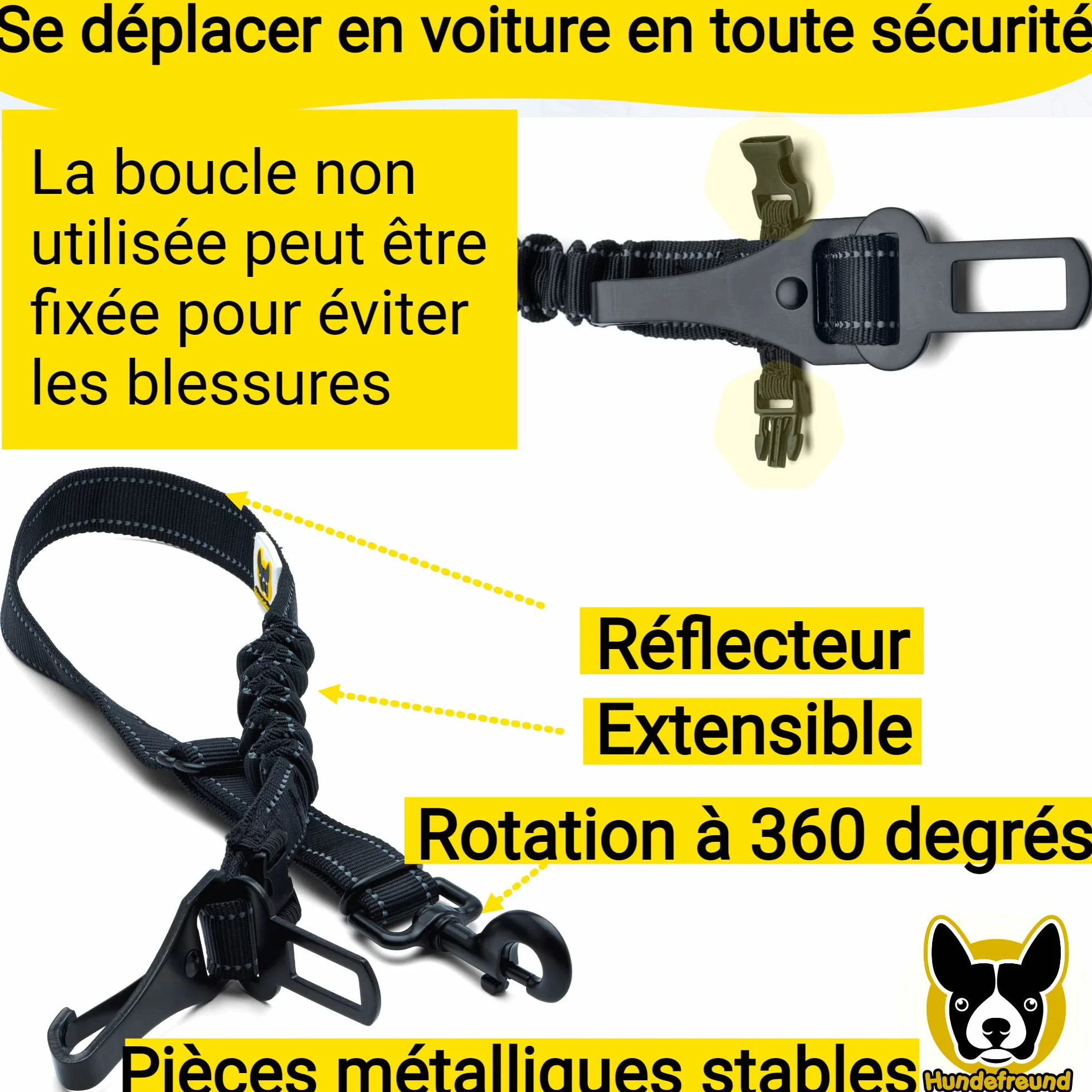 Hundefreund Ceinture de Sécurité pour Chien Voiture Extrêmement Sûre - Ceinture Chien Voiture Réglable avec Amortisseur pour Tous Les Types de Voitures et Toutes Les Races de Chiens