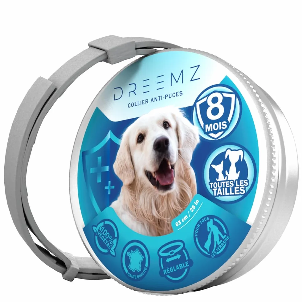 Collier Anti Puces pour Chien DREEMZ® 63cm Réglable 8 Mois Protection Imperméable Naturel