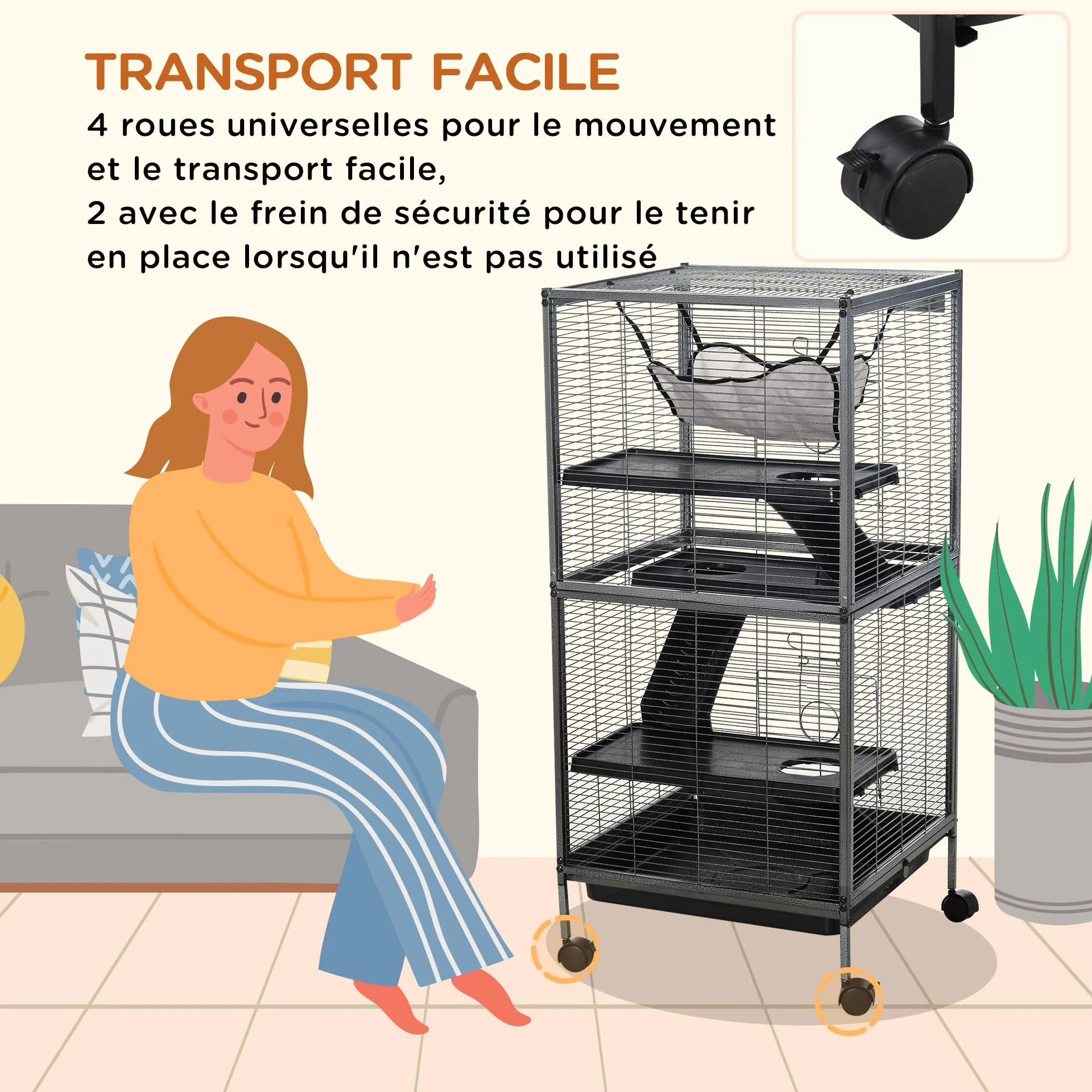 PawHut Cage pour Petits Animaux Portable 4 Niveaux Chinchilla Furet avec Roulettes 52 x 52 x 113,5 cm Gris