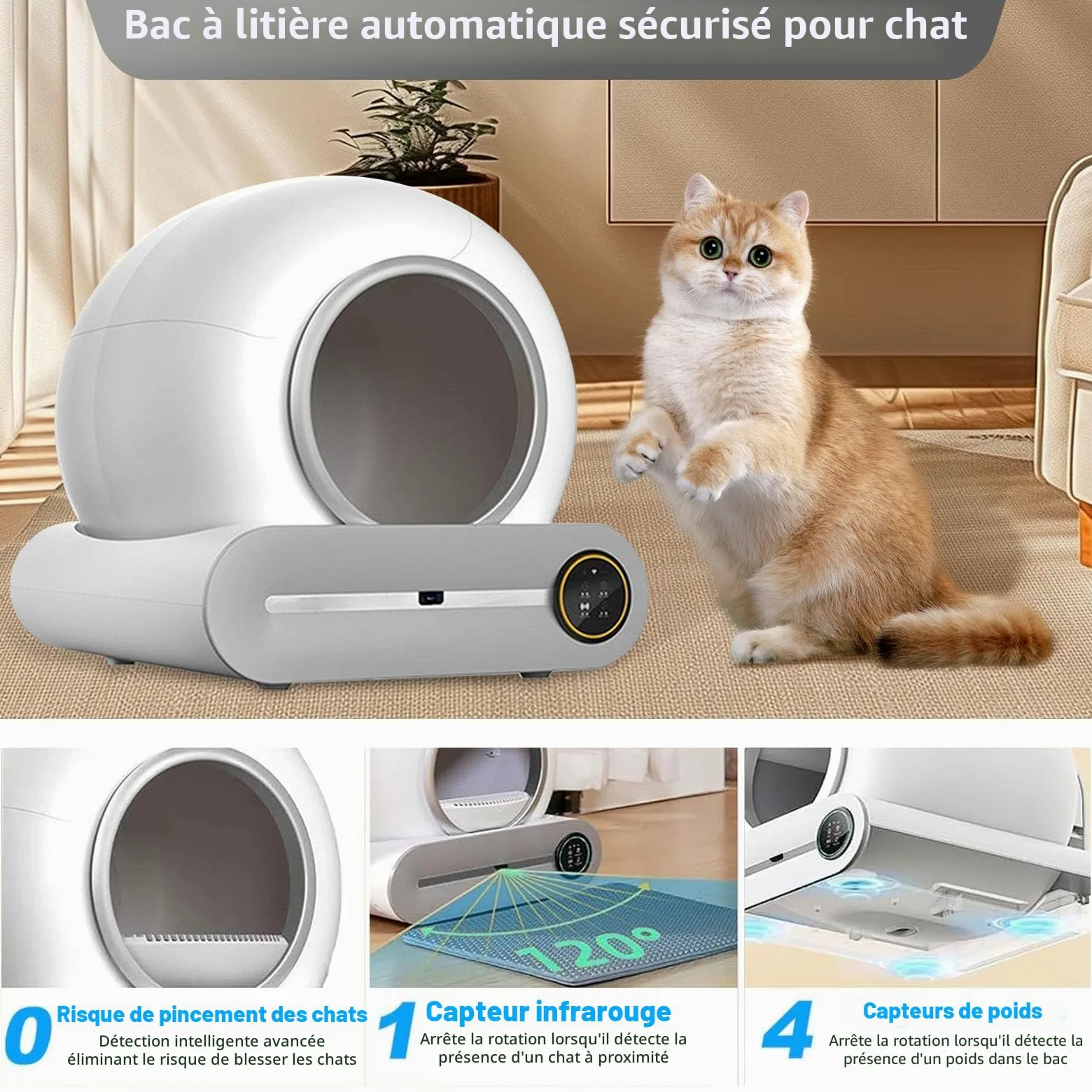 Litière pour chat autonettoyante avec protection de sécurité pour chats et chats domestiques, taille XXL, isolation des odeurs et contrôle des applications avec tapis