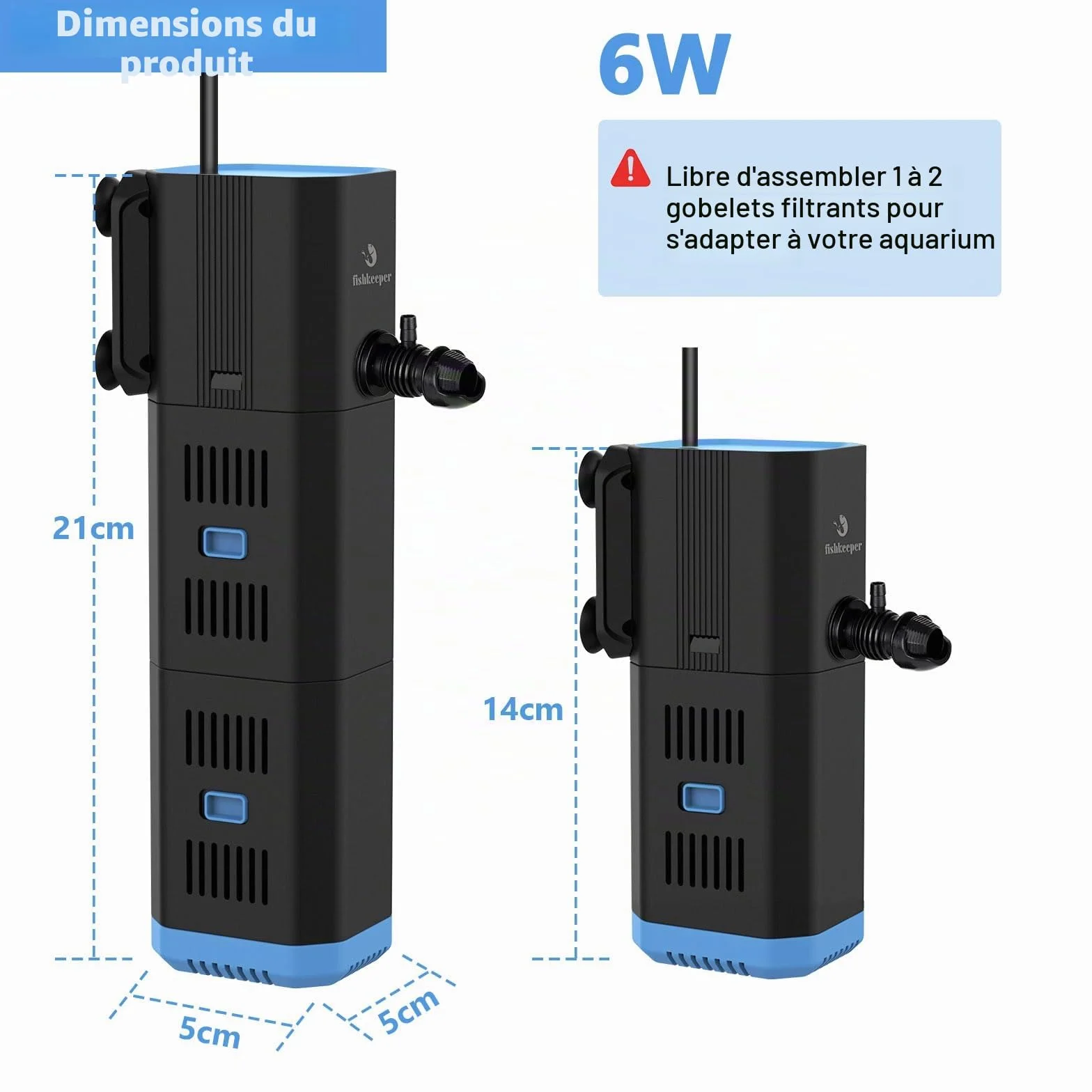 fishkeeper Filtre d'aquarium intérieur réglable 500L/H 6W 4 en 1 Pompe oxygène Machine à Ondes