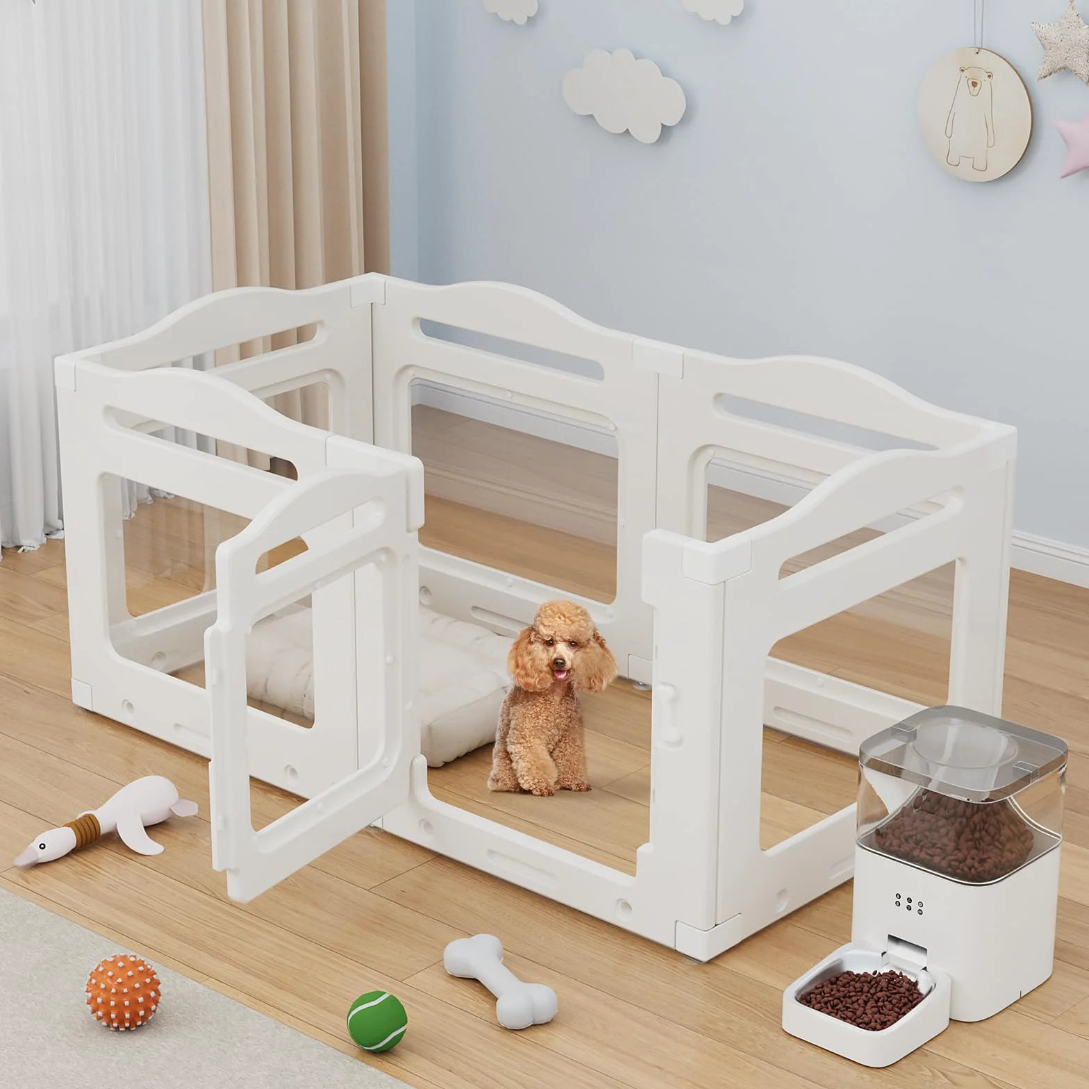 Clevich Enclos pour Chien en Acrylique 129 × 68 × 60 cm, 5+1 Panneaux avec Porte à Verrou, Pliable, Blanc
