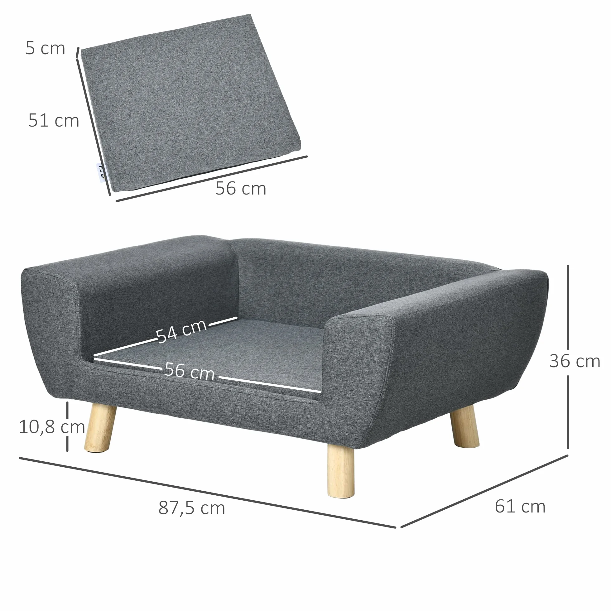 PawHut Canapé Chien Lit Scandinave Pieds Bois Massif 87x61x36 cm Polyester Gris