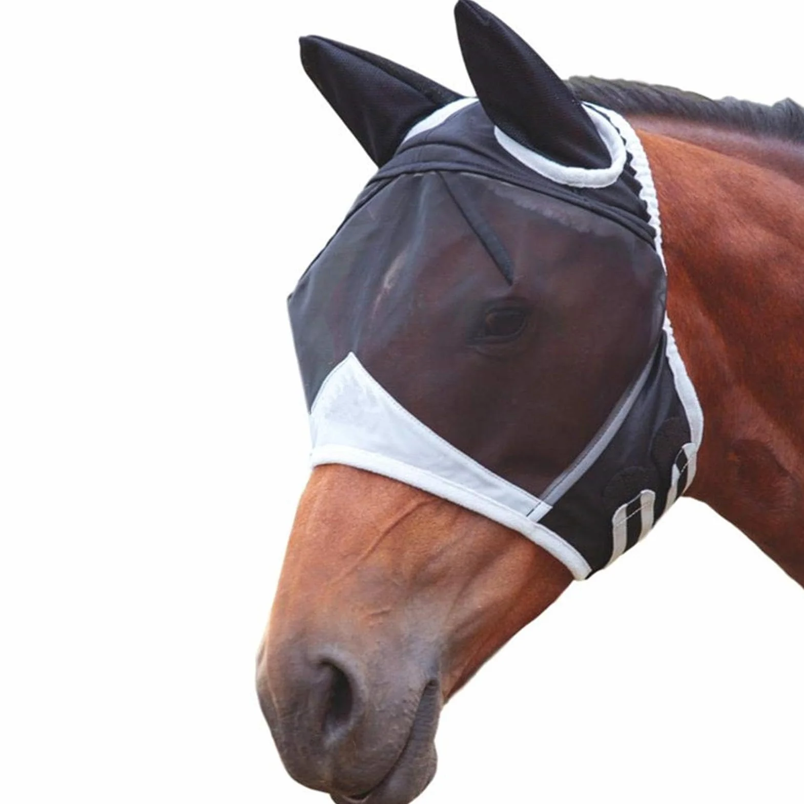 Masque Anti-Mouches pour Cheval Tissu Respirant Protection UV avec Oreilles Sangle Élastique Demi-Masque