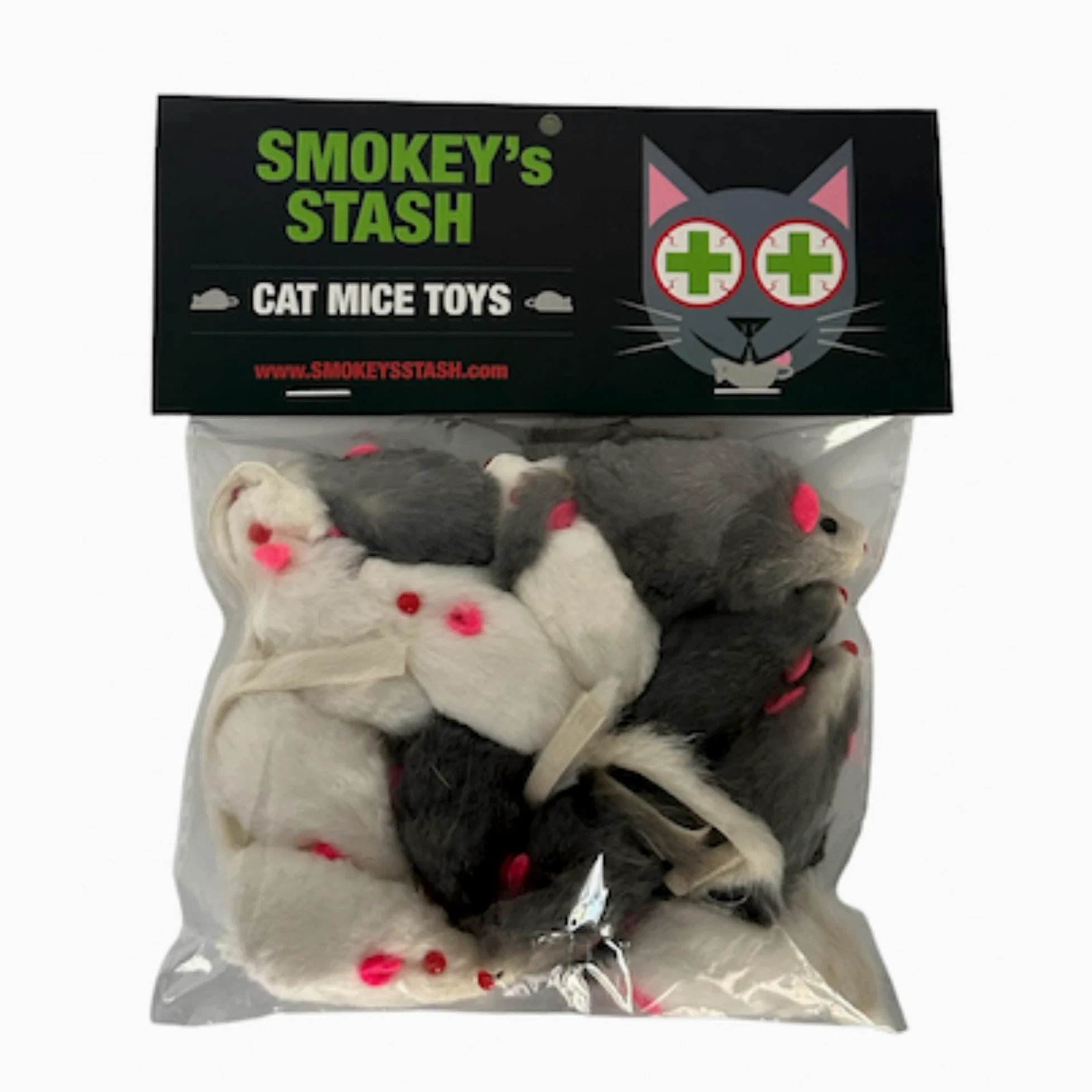 Smokey's Stash Lot de 12 souris en peau de lapin pour chat en blanc et gris avec hochet réaliste (12 unités)