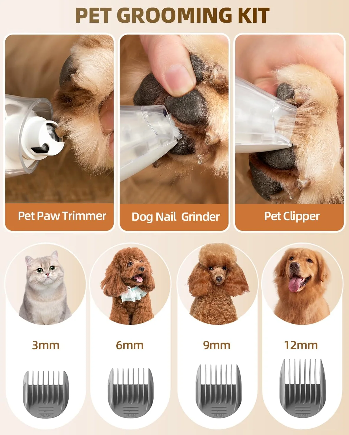 Kit aspirateur de toilettage pour chiens et chats à poils longs avec aspirateur silencieux et poubelle de grande capacité pour chiens et chats à poils longs avec 6 accessoires (ivoire)