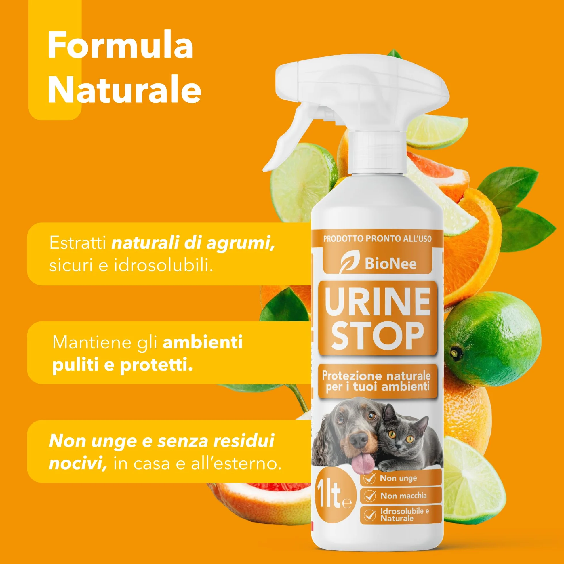 Bionee Urine Stop Spray Naturel pour Chiens et Chats 1L - Double action : Dishabituant aux Agrumes + Élimine les odeurs