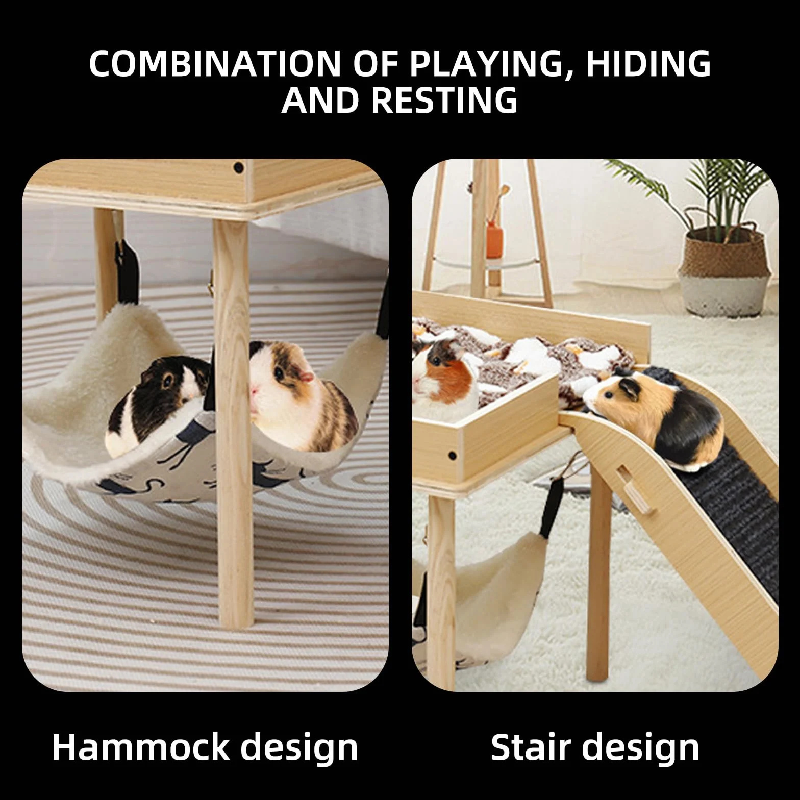 Hamac pour cochons d'Inde et hamsters avec support en bois - Pour rats, chinchillas, lapins, furets