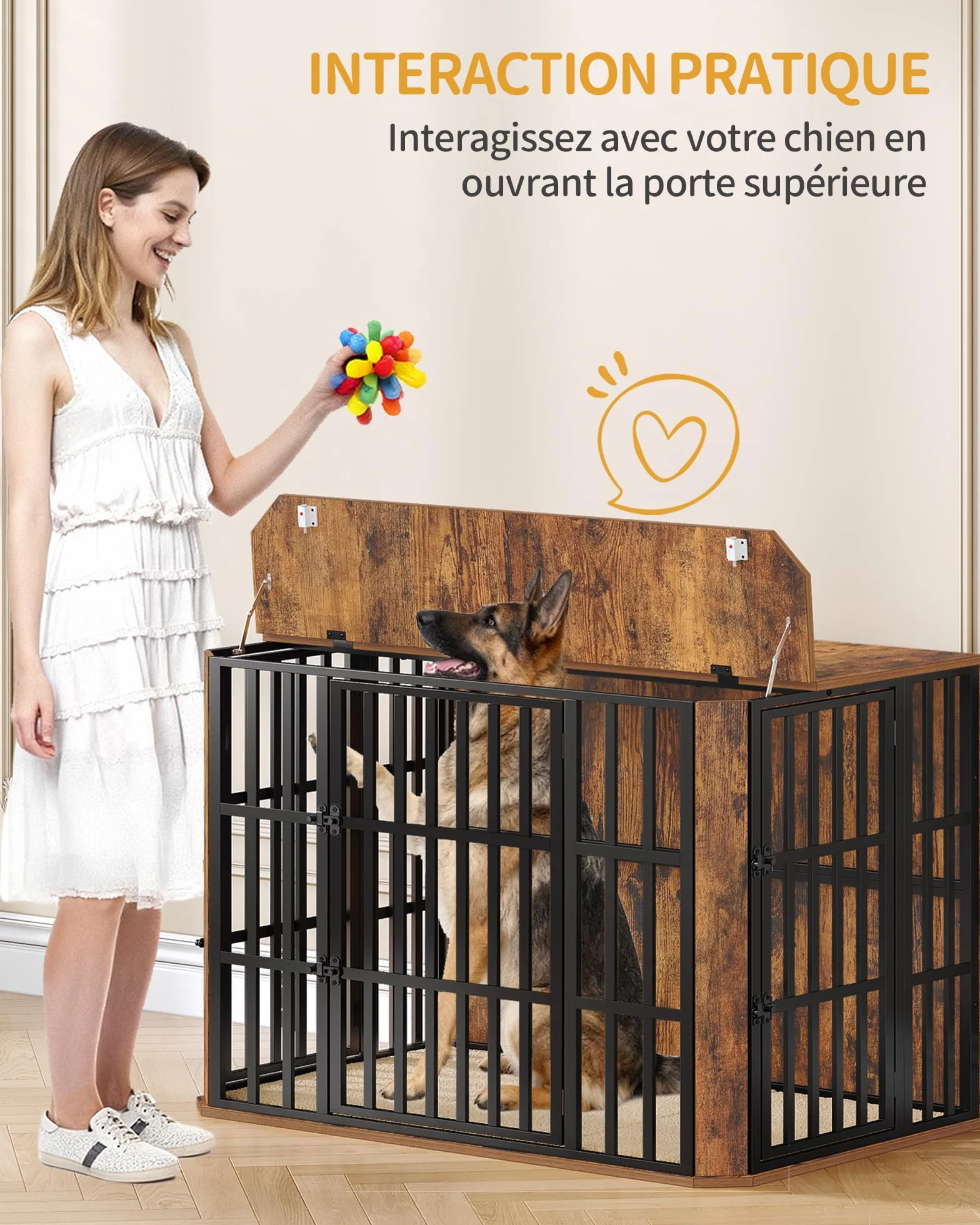 Cage pour Chien en Bois Hzuaneri, 120 x 75 x 81 cm, Marron Rustique, Multi-Portes