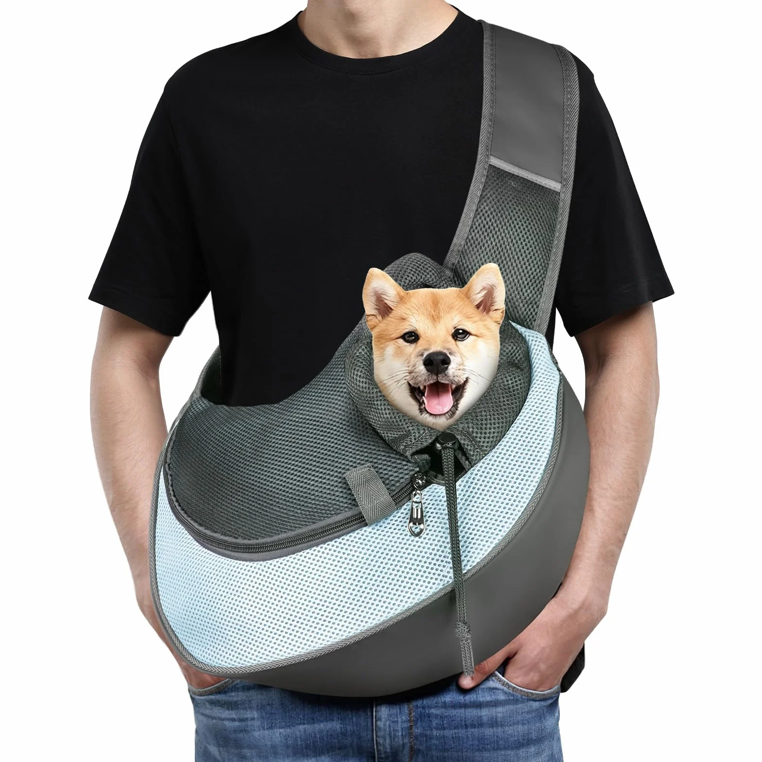 Sac de Transport pour Chien Chat, Sac à Bandoulière Mains Libres jusqu'à 5kg, Bleu
