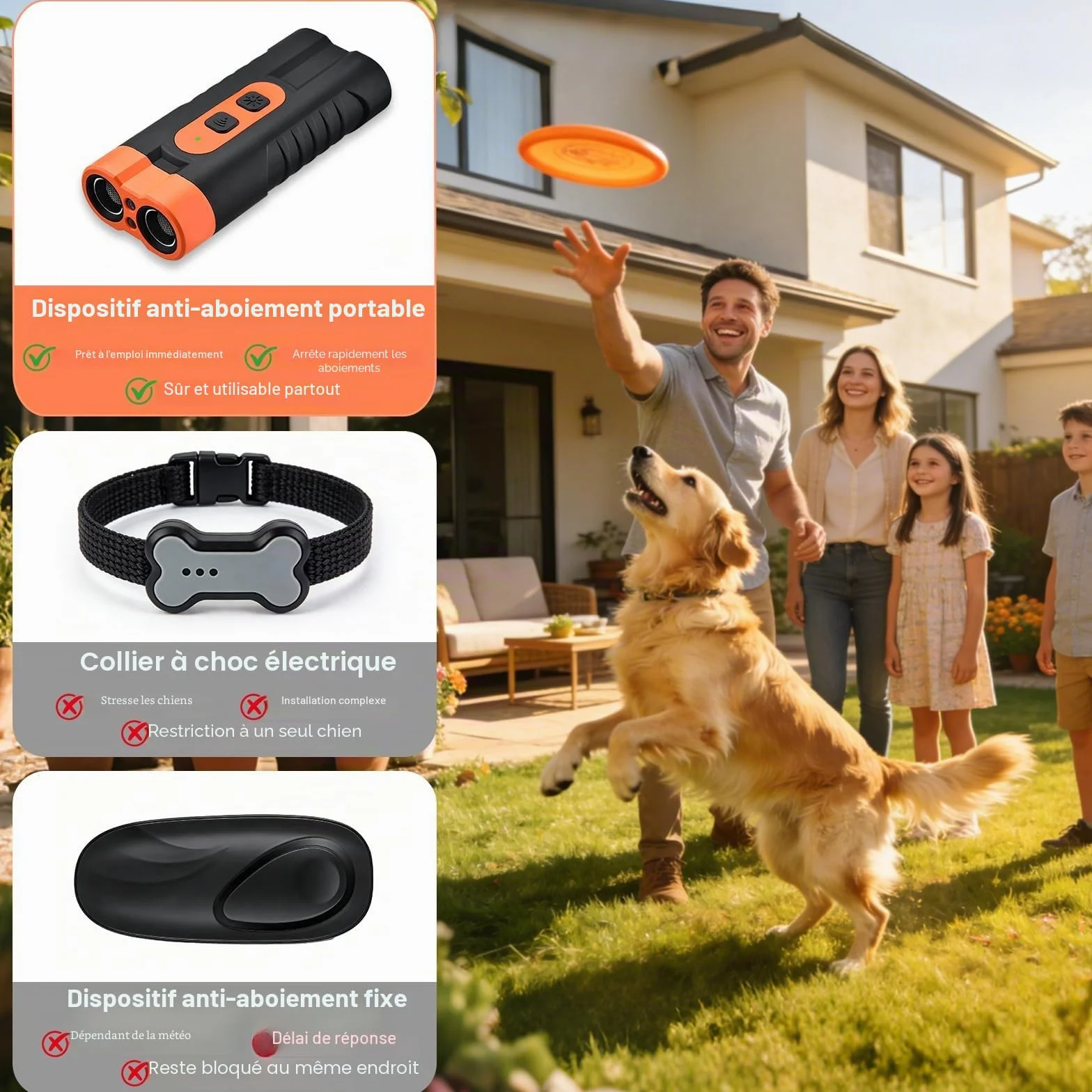 Dispositif anti-aboiement rechargeable pour chien avec LED clignotante intérieur extérieur