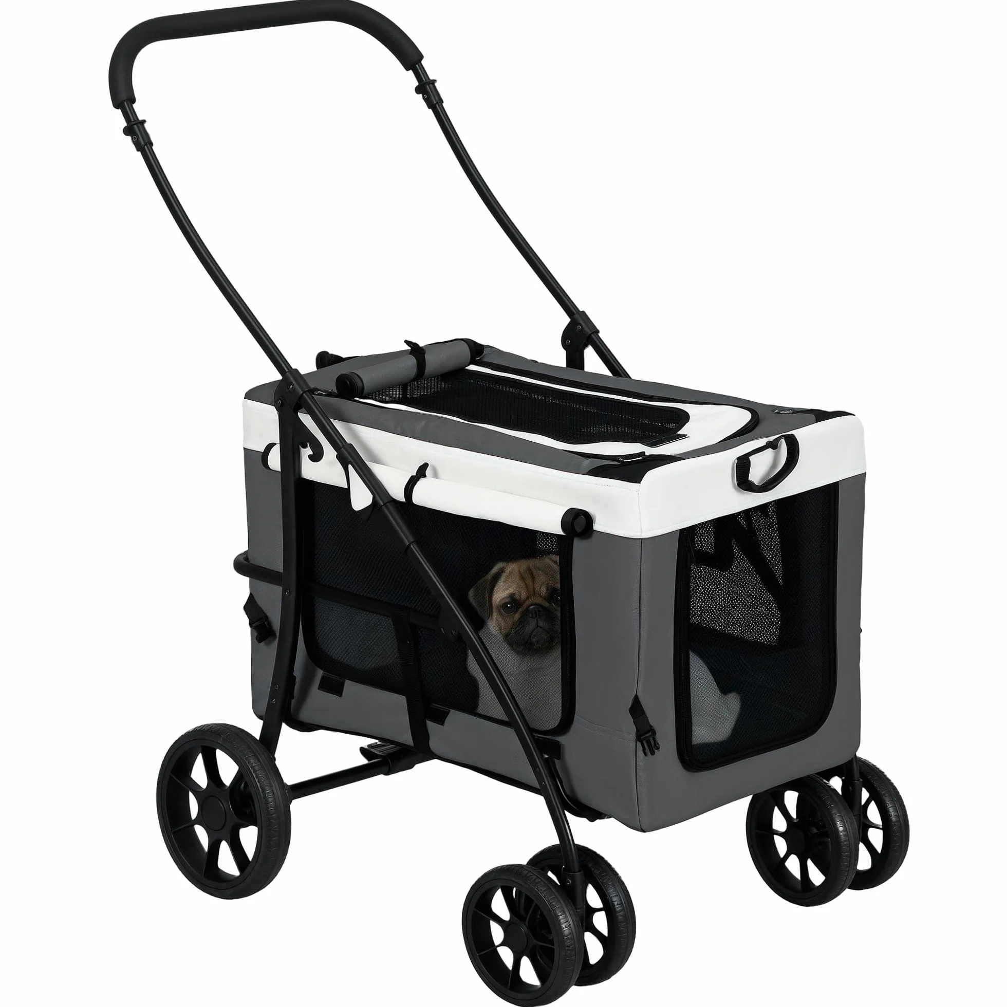 PawHut Poussette pliable animaux chien chat 2 en 1, nacelle amovible 4 roues avec frein 81 x 58 x 97,5 cm gris