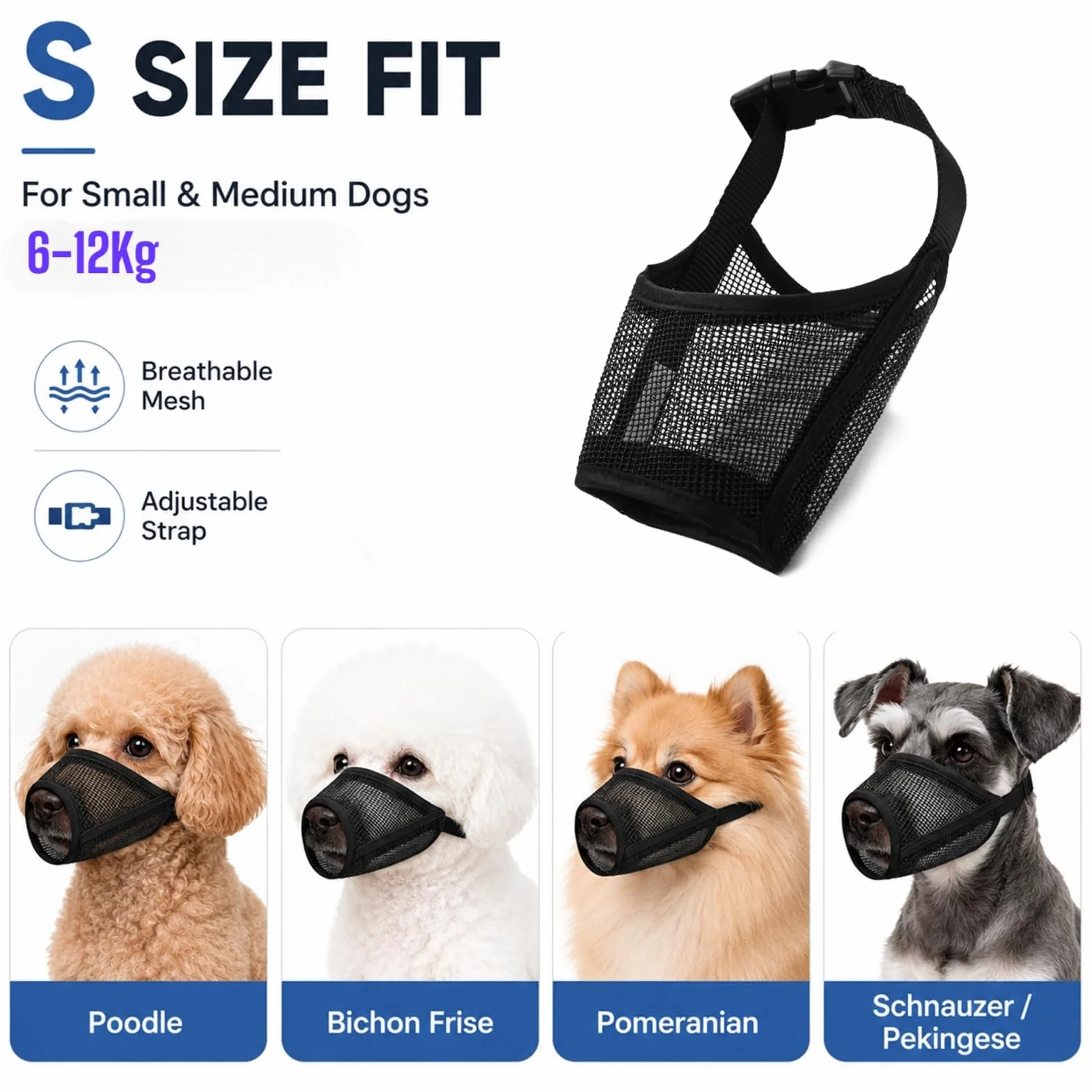 Muselière pour Chien Noir, Ajustable pour Petit Chien 6-12 kg, Respirante avec Trou pour Haleter et Boire, Anti Morsure, pour Promenade Toilettage et Vétérinaire