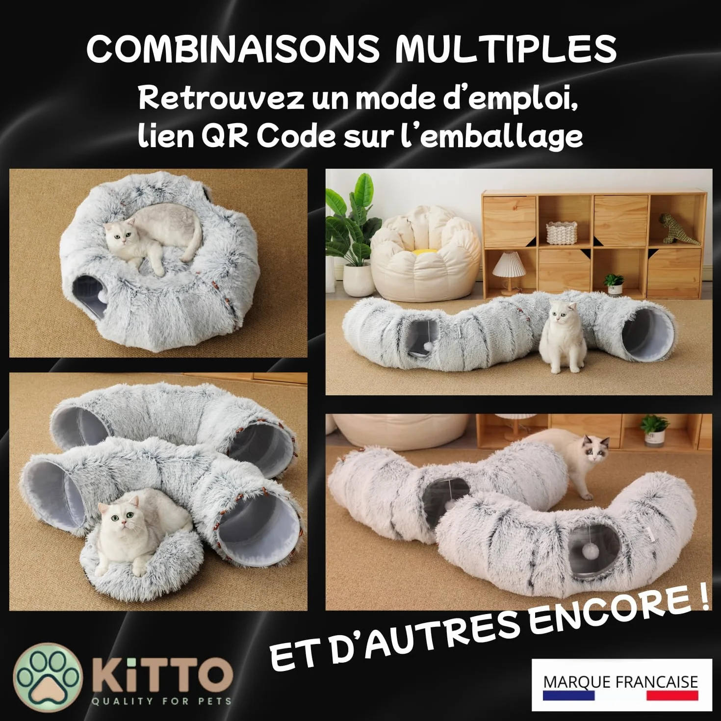 Kitto - Tunnel pour Chat - Panier Moelleux avec Coussin lit - Tunel Cat Jeu - Cabane, Niche - Tunnelle modulable - Rond -Convient pour Chat XXL, Petit Chien, Lapin, Furet - 12 Attaches en Bois