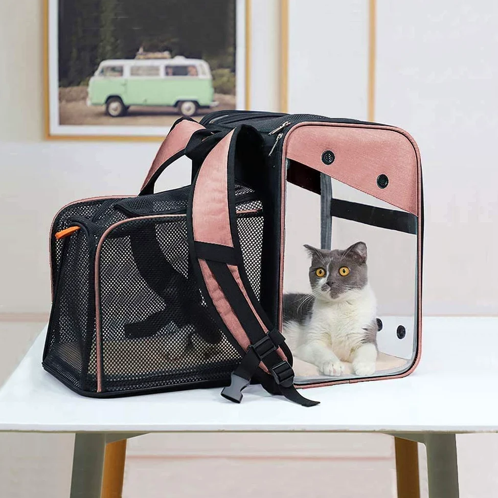 Sac de Transport Chat Petit Chien 10kg, Sac à Dos Extensible Transparent pour Animaux, Pliable Spacieux Respirant avec Matelas en Peluche, Grand Transporteur pour Voyage on Train Voiture Avion (Rose)