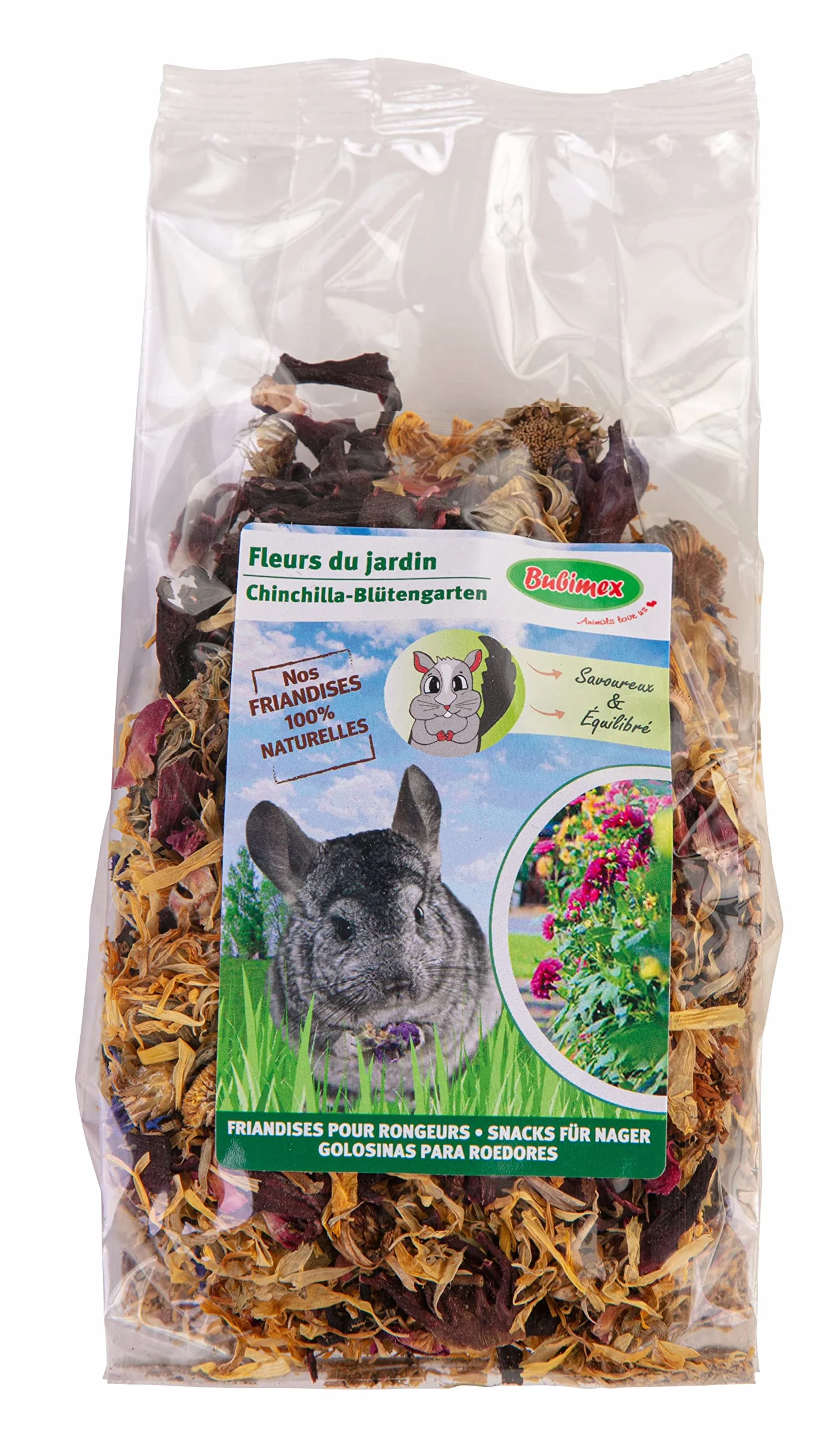 Bubimex - Fleurs du Jardin - Friandise pour Chinchilla, Lapins, et Autres Rongeurs - Light et 100% Naturel - Aliment Riche en Fibres et Faible en Calories - Renforce Santé et Immunité - Lot de 4 x 50g