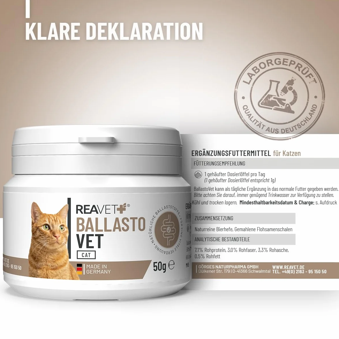 ReaVET BallastoVET pour chat 50 g – Soutien rapide constipation aiguë chronique matières fécales solides aide digestion