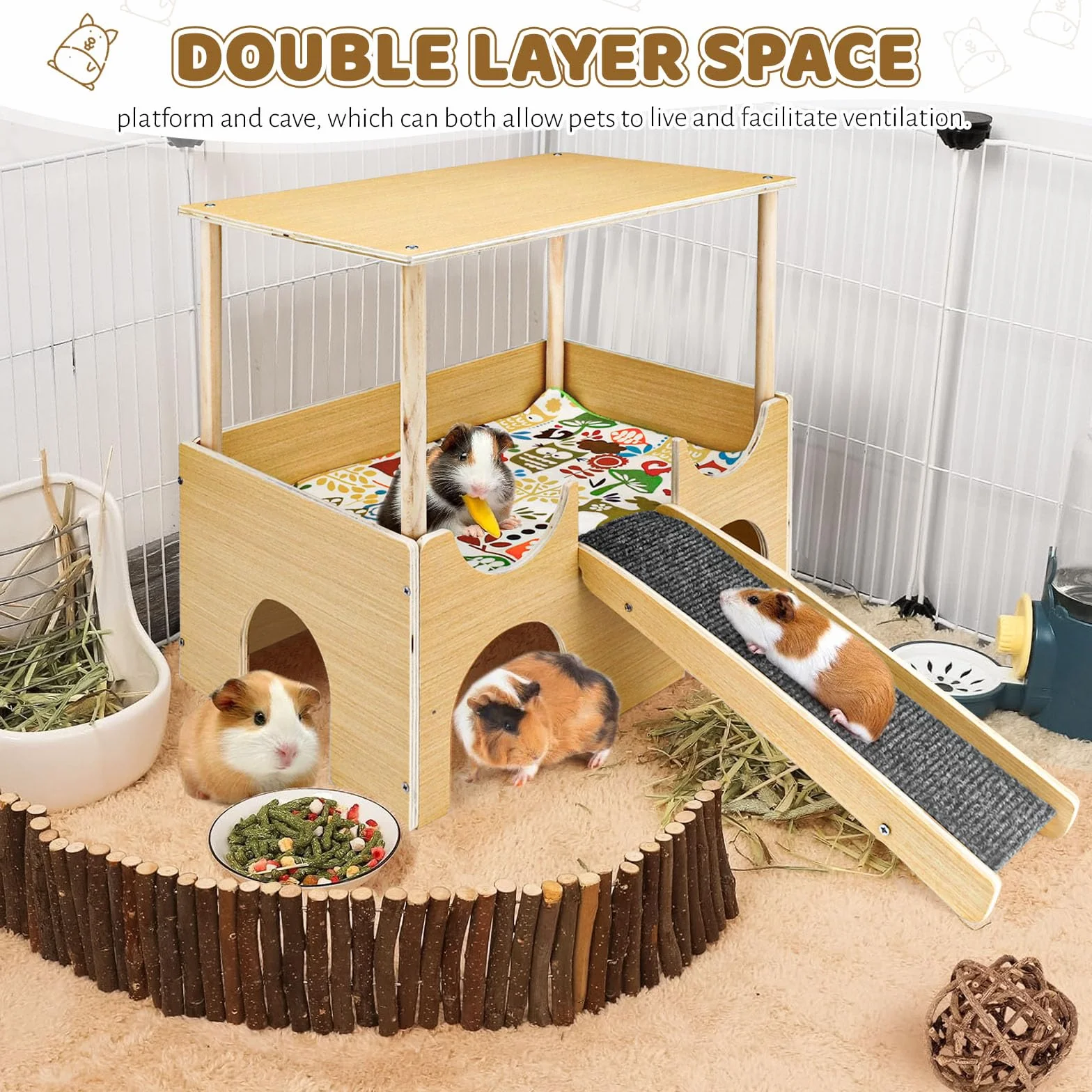Maison pour cochon d'Inde, cachette pour hamster, lapin, jouets pour cochons d'Inde, accessoires pour cochons d'Inde, maisons et habitats pour petits animaux (bois)