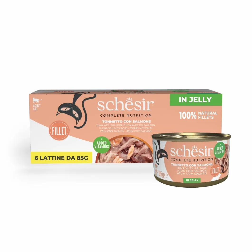 Schesir, Thon avec Saumon en gelée, Nourriture Humide complète pour Chats, en Conserve, avec des vitamines supplémentaires, 100% Naturel, 6 x 85 g