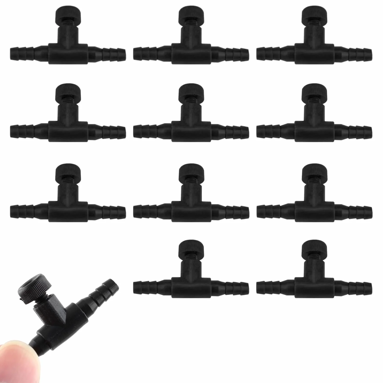 Aquarium Pompe Valve d'Air Vanne de Régulation T-Forme Connecteurs 2 Voies pour Tube 4 mm 12 Pcs Noir
