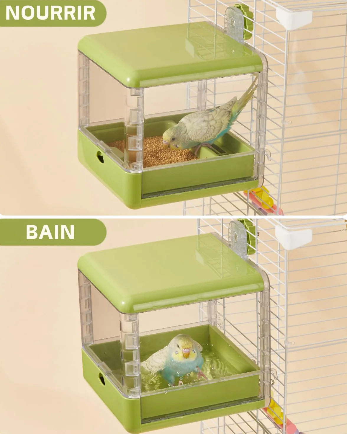 Bain d'oiseaux pour Cage, Bol Suspendu pour Oiseaux, Accessoires pour Cage à Oiseaux adaptés aux Oiseaux de Petite et Moyenne Taille, perroquets, inséparables, pinsons, perruches (Vert)