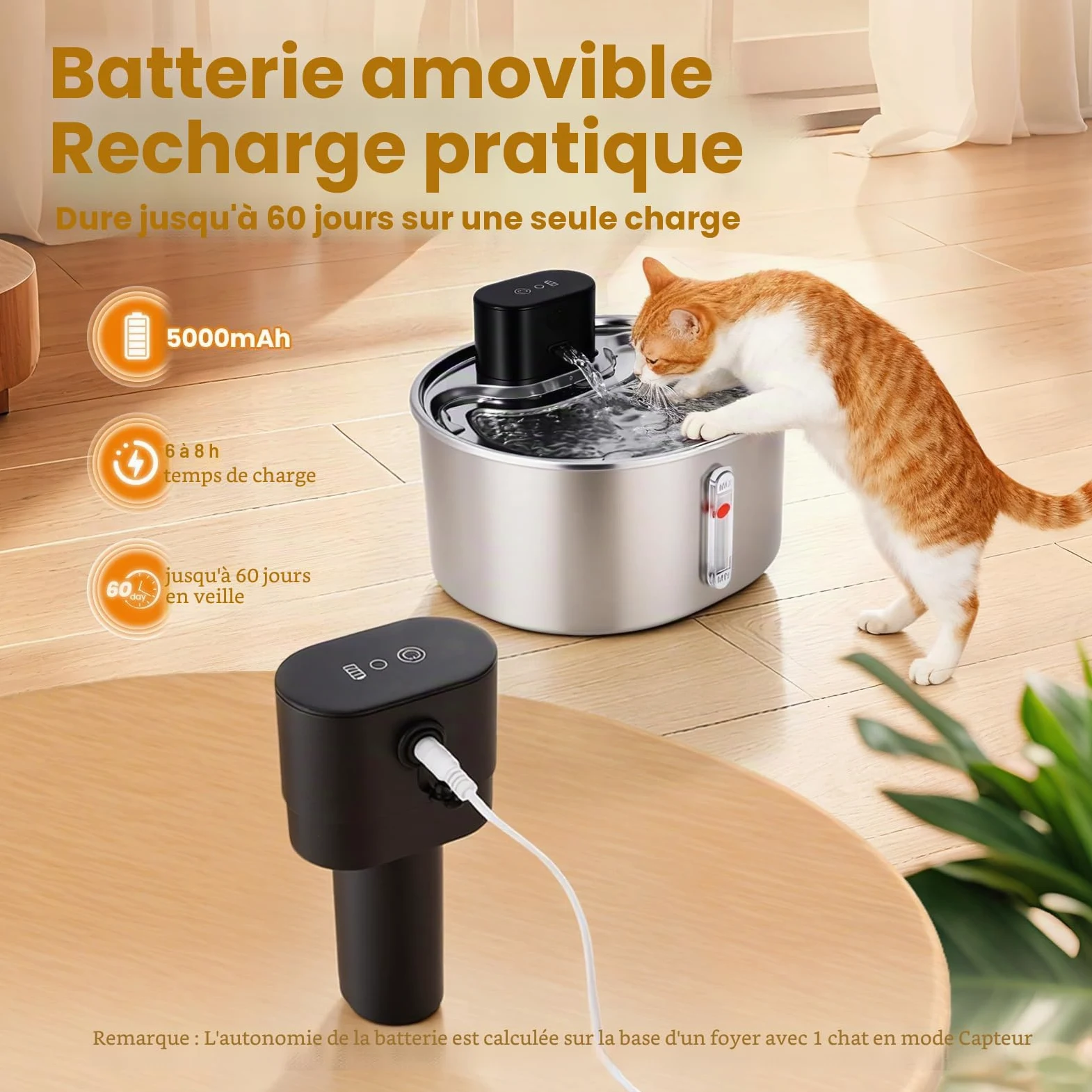 3.2L Fontaine a Eau Chat sans Fil INOX, Fontaine a Eau Chat Detecteur de Mouvement, Batterie 5000mAh, Silencieux, Équipé d'une Fonction Anti-Séchage, pour Chats et Petits Chiens