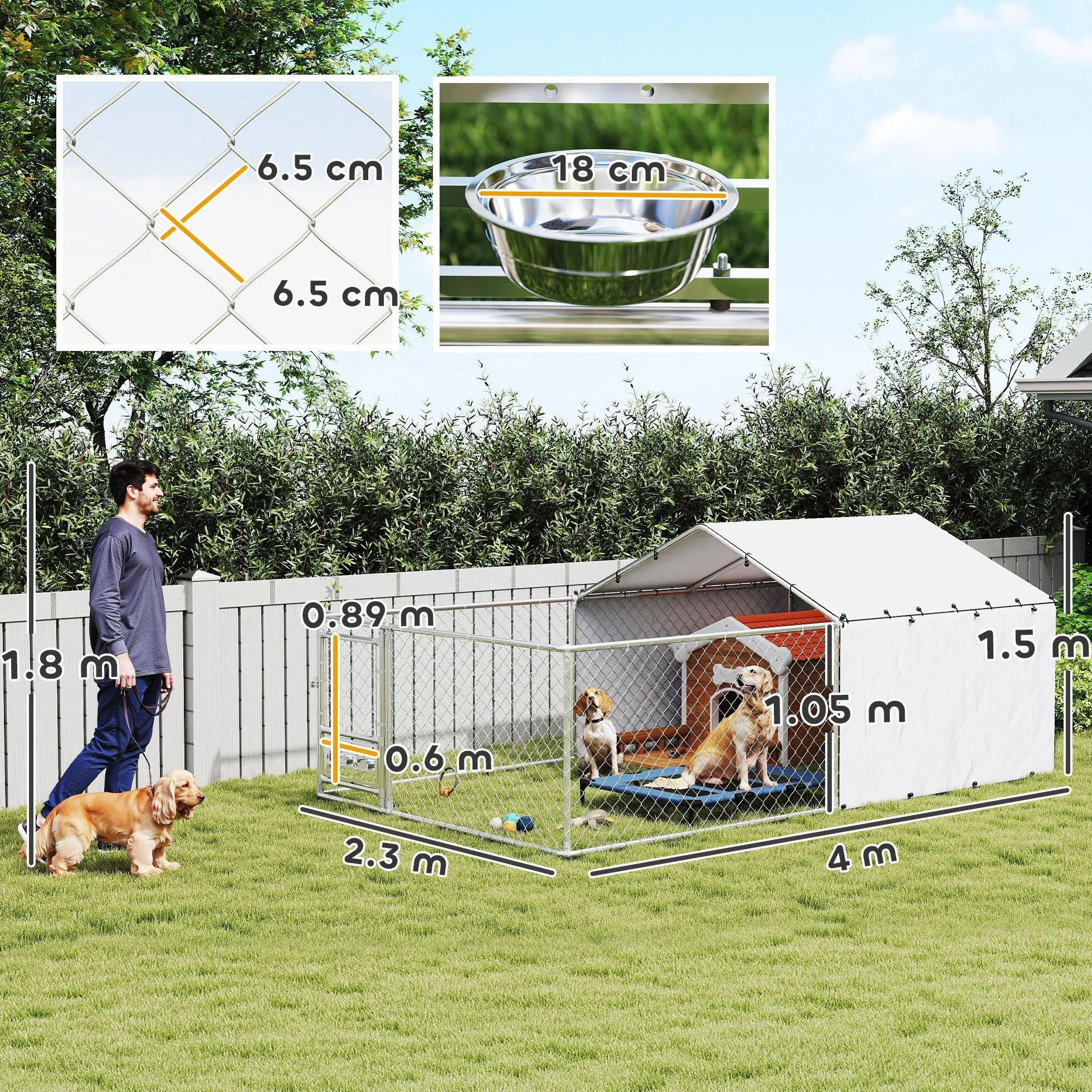 PawHut chenil clôture pour chiens extérieur avec toit anti-UV imperméable bols rotatifs boîte rangement porte verrouillage acier 400 cm