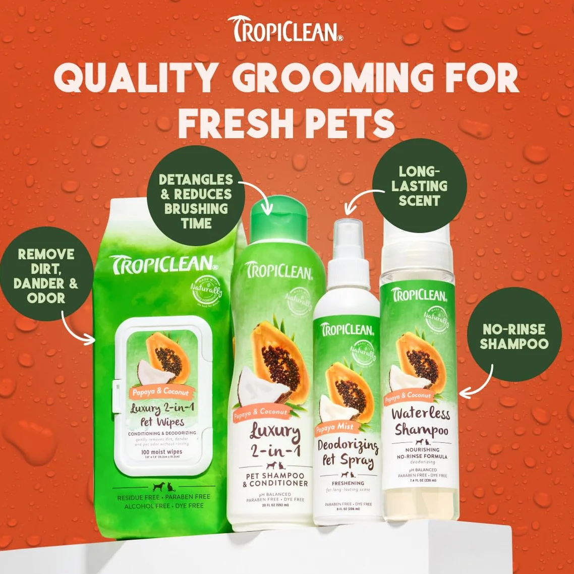 TropiClean Spray Désodorisant pour Animaux de compagnie Chiens & Chats - Parfum Longue Tenue - Sans Paraben & Sans Colorant - Brume de Papaye, 236 ml