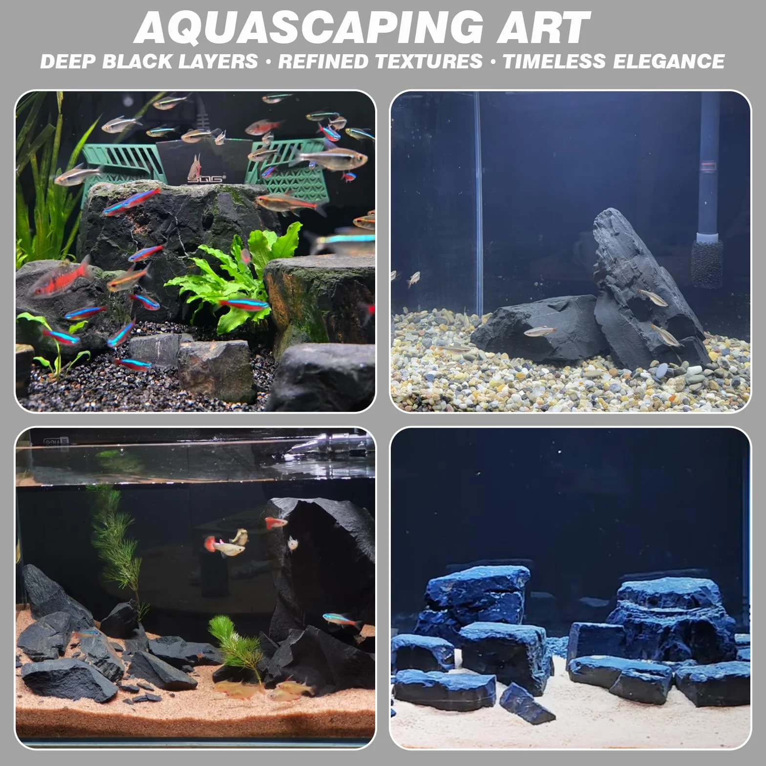 Unocho Roches d'Aquarium 4,5kg Pierres Noires Naturelles pour Aquarium et Aquascaping (7pcs, 7–17 cm)