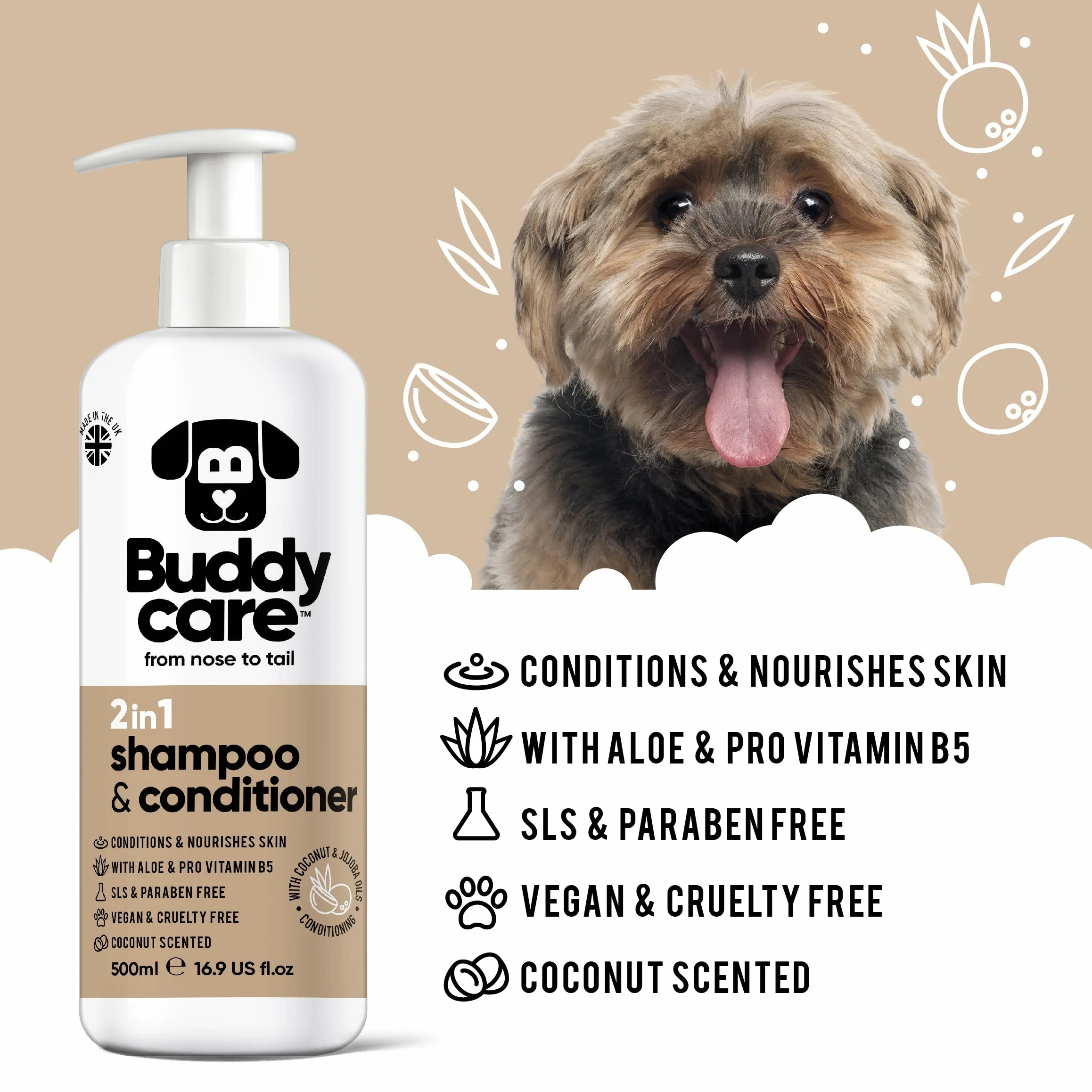 Shampooing et revitalisant 2 en 1 par Buddycare - Shampooing et revitalisant Pratique pour Chiens en Un Seul Produit - avec de l'aloe Vera et de la provitamine B5 (500ml)
