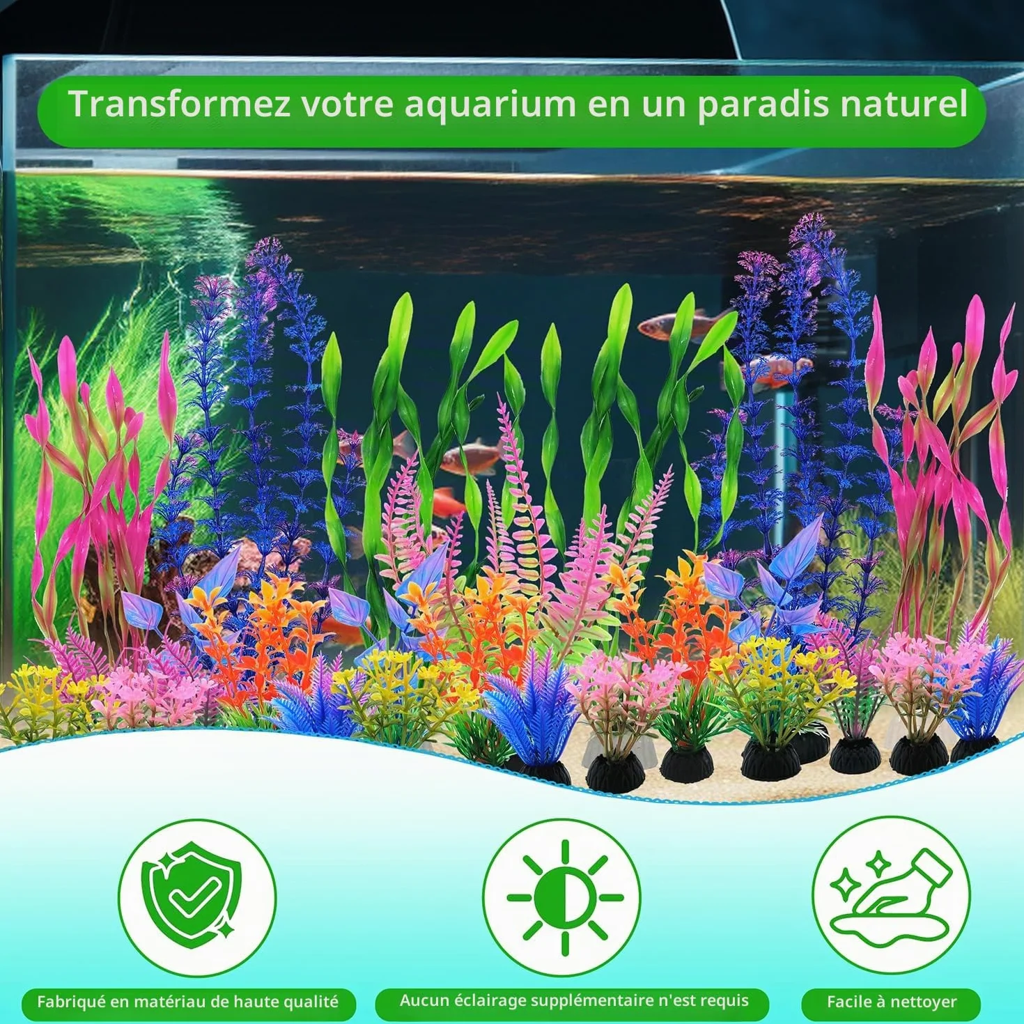 SLOCME Lot de 25 plantes artificielles colorées pour aquarium - Décorations en plastique avec fond lesté