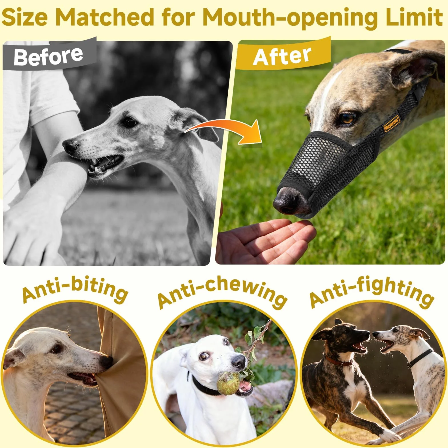 Mayerzon Greyhound – Muselière pour Chien Whippet – Muselière en Maille Souple pour éviter Les morsures excessives et Les mastications – Convient pour Le toilettage, la Promenade et Les visites chez
