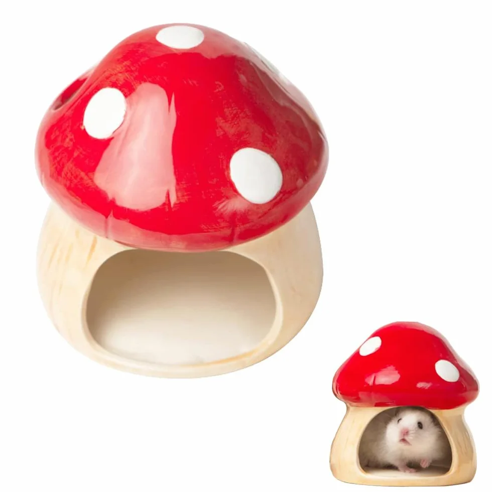 Maison de Hamster en Céramique, Cachette Champignon avec Gamelle, Refuge Frais pour Hamsters Nains, Gerbilles, Souris et Hamsters Dorés (Pet Nest+Pet Bowl)