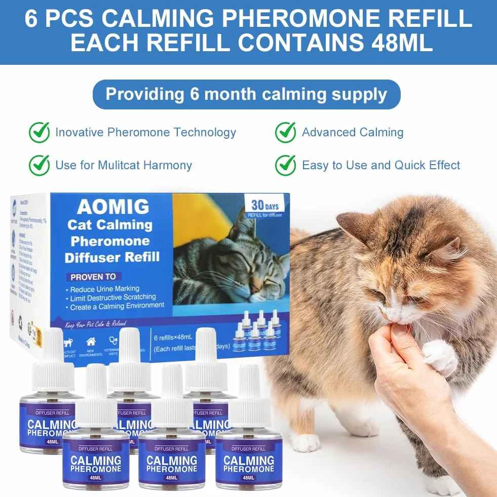 Aomig Pets Recharge Diffuseur pour Chats Lot de 6 x 48ml, Phéromones Calmant