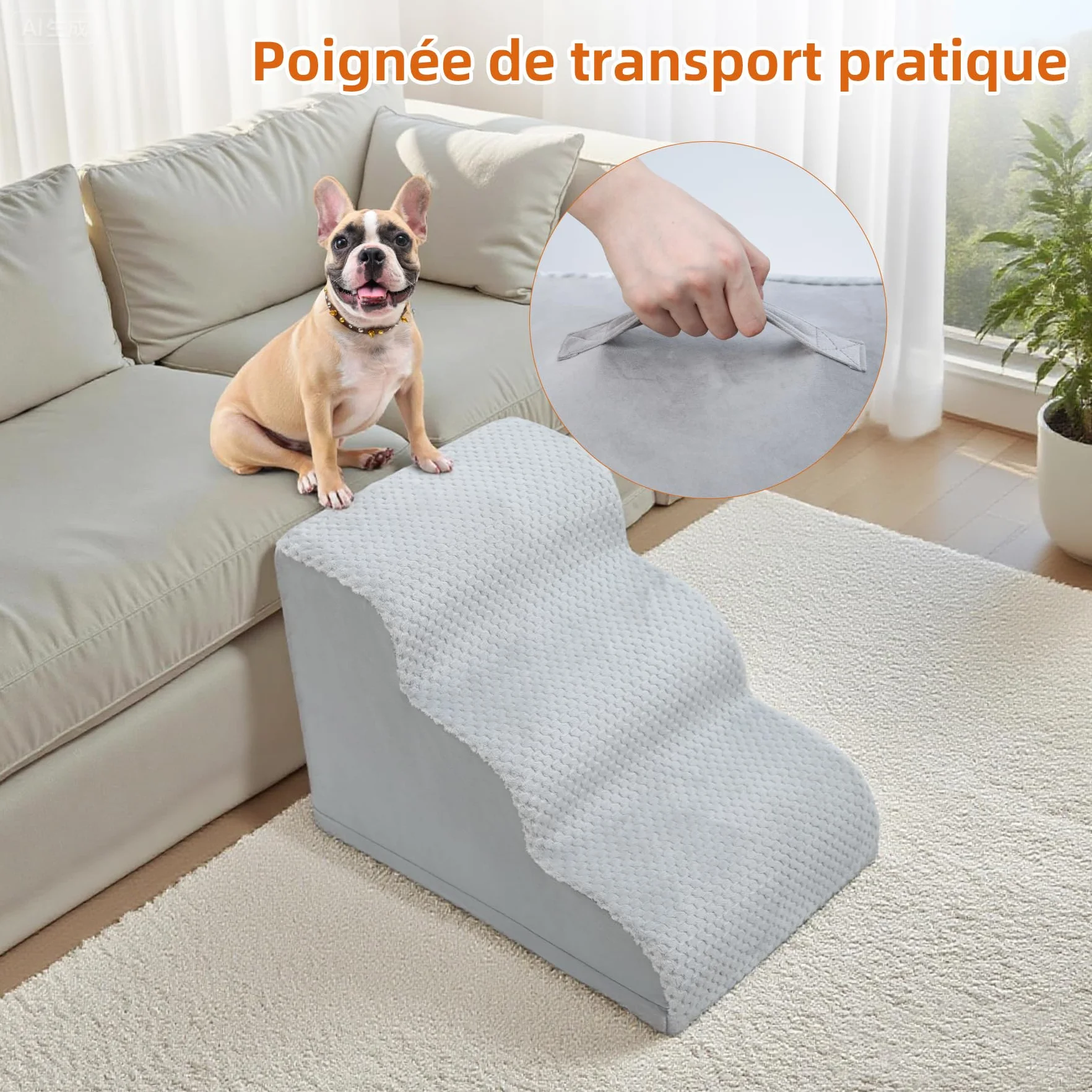 Escaliers pour Chien à 3 Marches Antidérapant Housse Amovible Lavable Accès Canapé Lit Chiots Animaux Âgés Gris 40x57x40 cm
