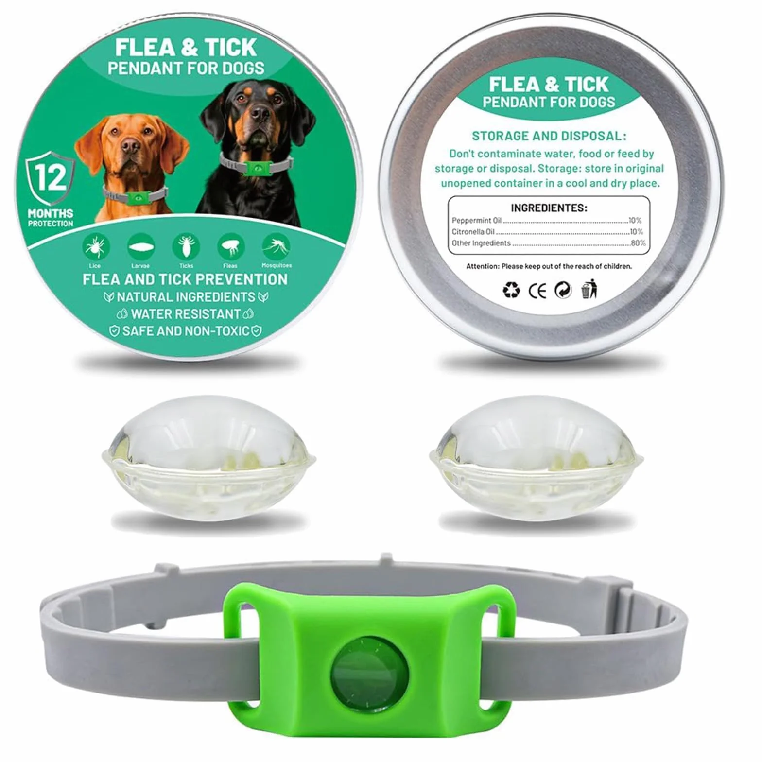 Collier Antiparasitaire pour Chien Anti Puces Anti Tique Naturel Réglable avec Huiles Essentielles 2 Capsules Remplaçables Vert