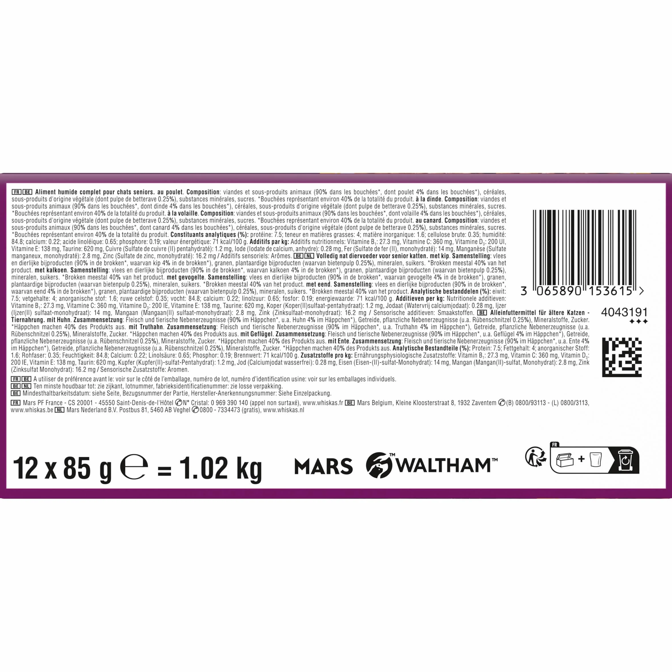 WHISKAS Aliment humide en sauce Chat senior 7+ 12x85g Festins à la Volaille (Lot de 4) 48 Sachets