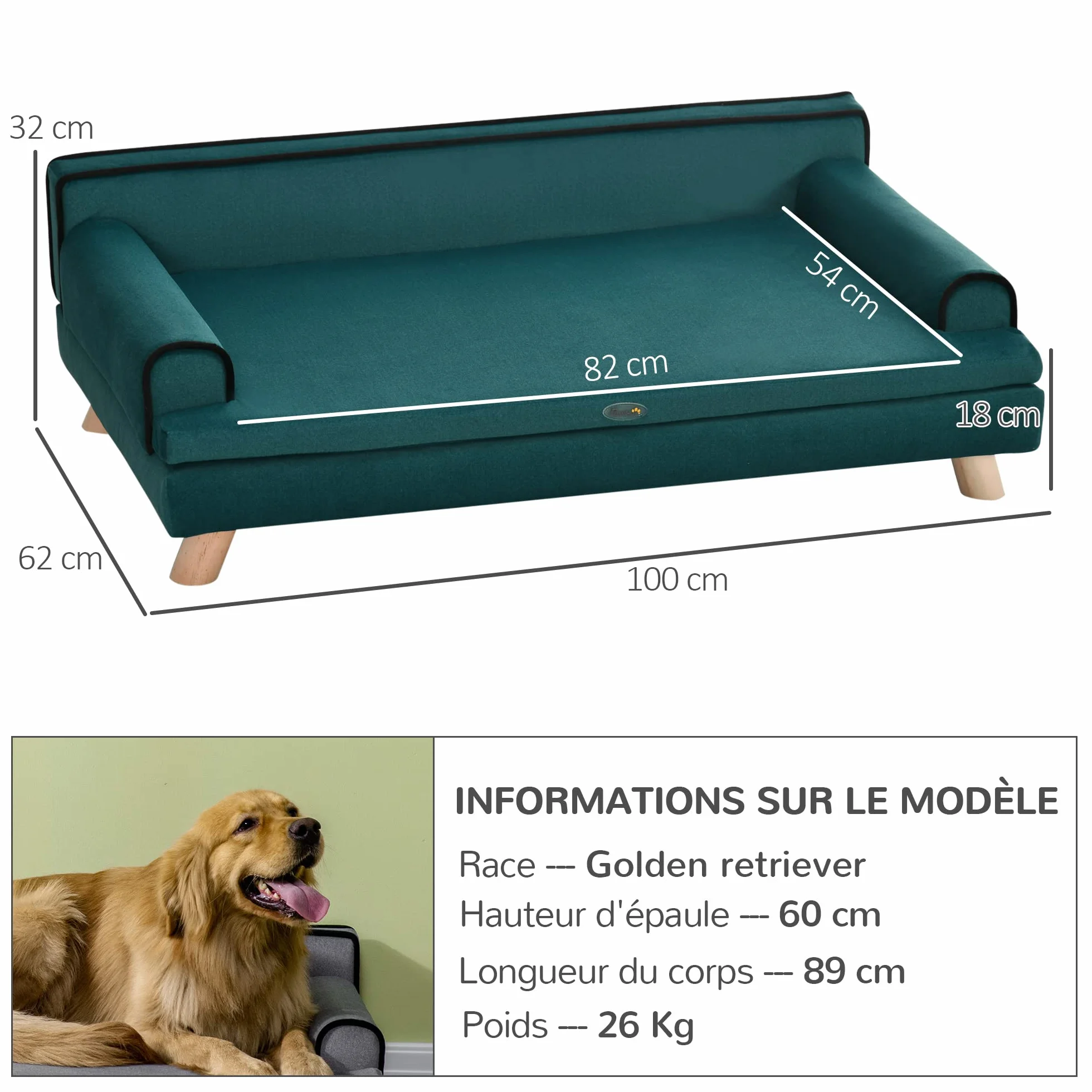 PawHut Canapé pour Chien Chat Design scandinave 100 x 62 x 32 cm Bleu Canard