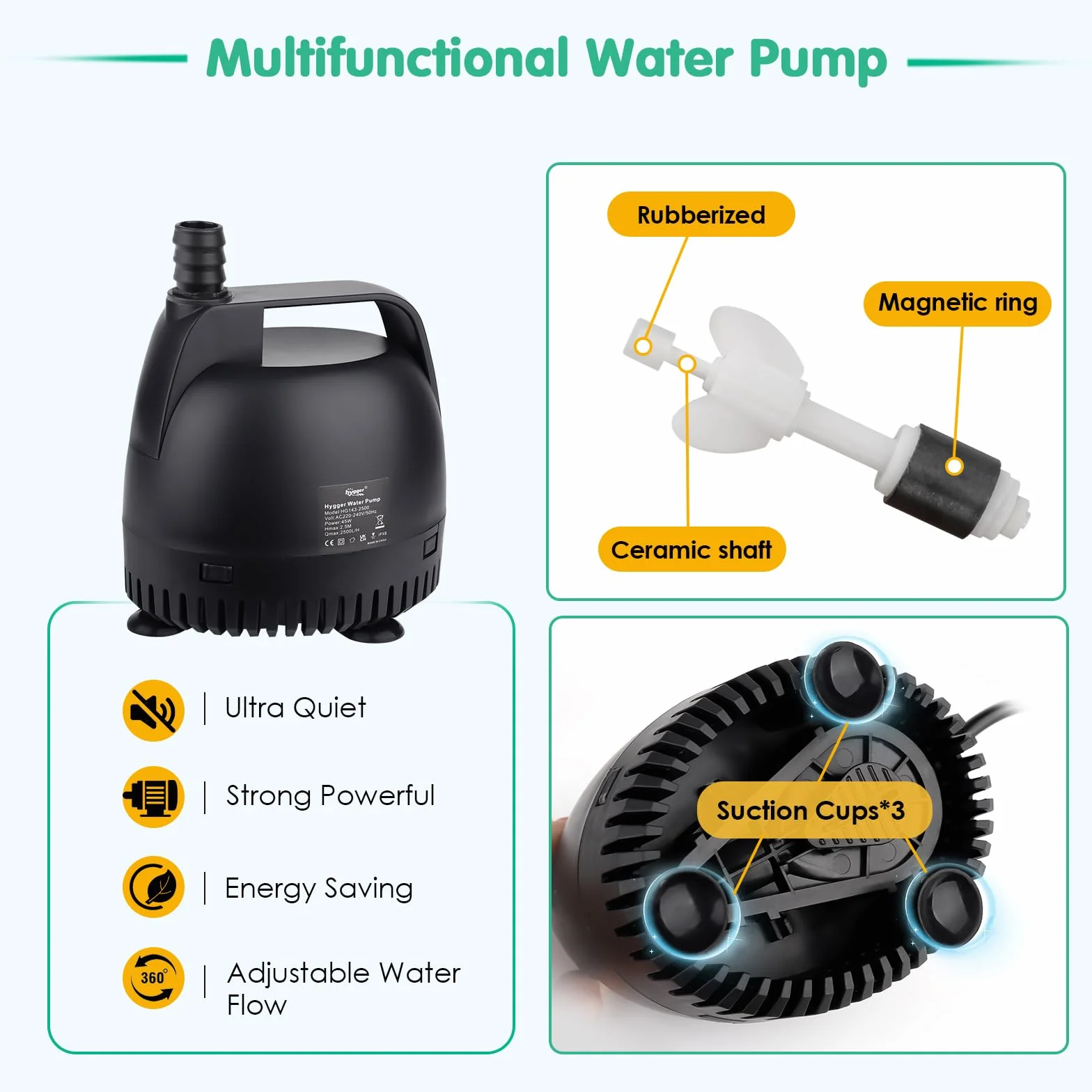 hygger Pompes à Eau pour Aquarium 1000L/H Submersible 18W avec 2 Buses