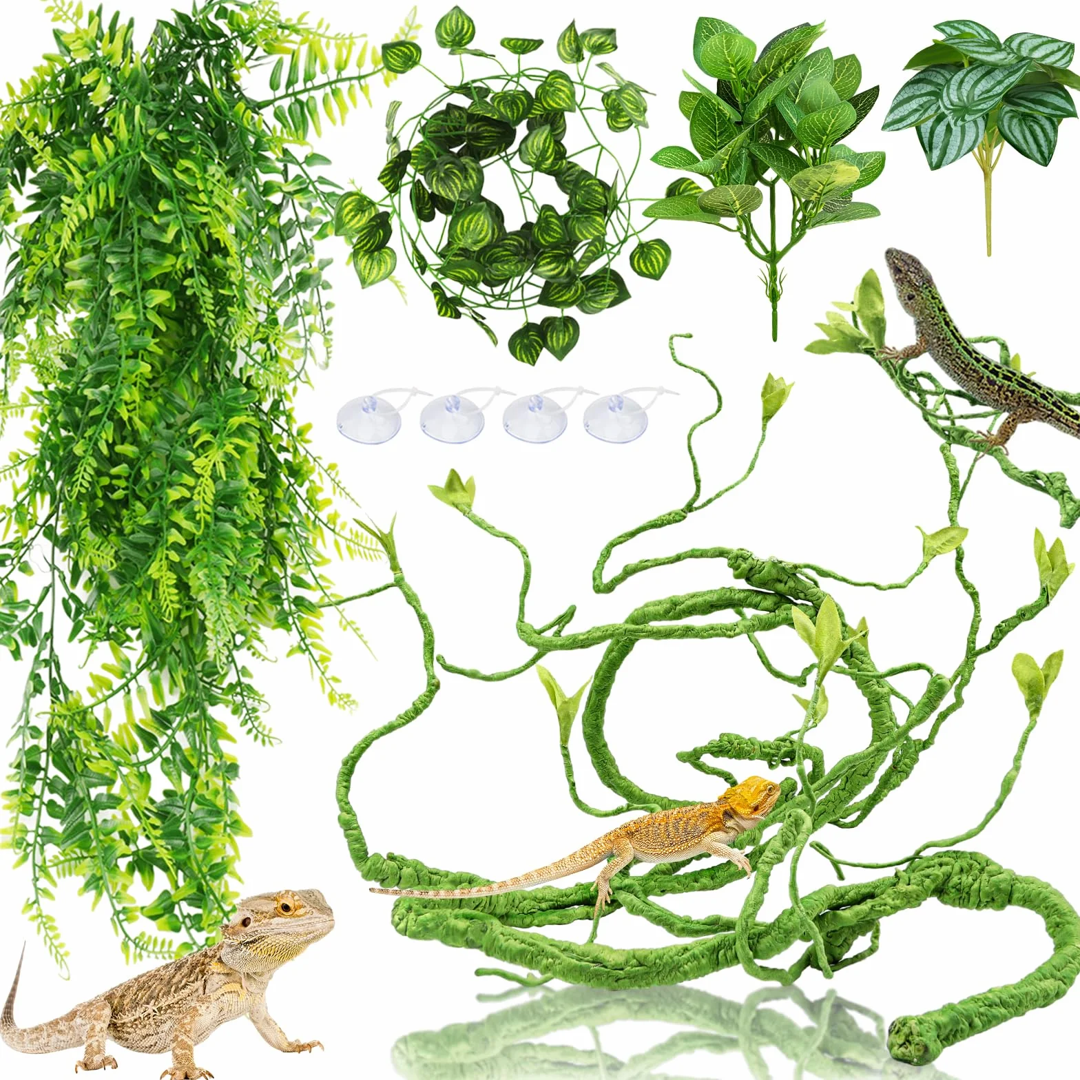QUOZUO Décoration pour lézards, Plante suspendues Artificielle Terrarium Grandes Plante Vignes Terrarium Branche Decorative pour Escalade, Caméléon, Gecko