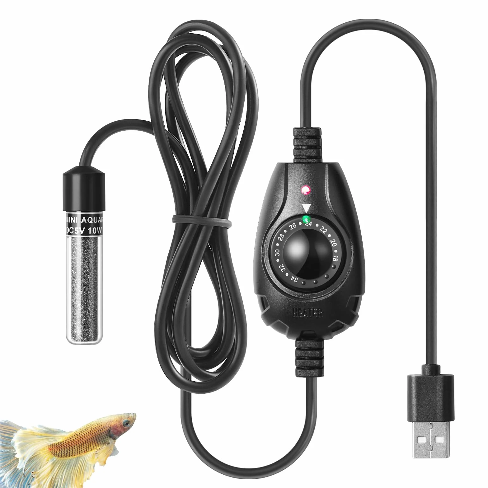 10W Chauffage Aquarium USB Ultra Mini, Chauffage Réglable Compact pour Petits Aquariums 1-10L, avec Régulateur Externe, Chauffage pour Betta et Ronds à Poissons