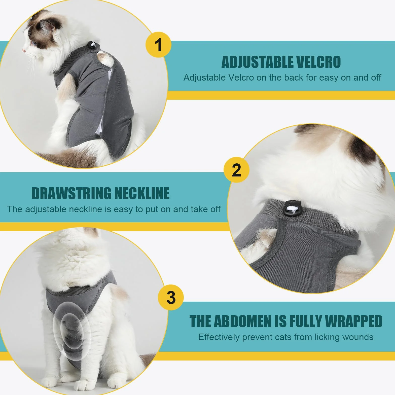 Body pour Chat après Stérilisation, Post Opératoire, Coton Doux, Protection Plaies, Taille M, 3-5kg, Gris
