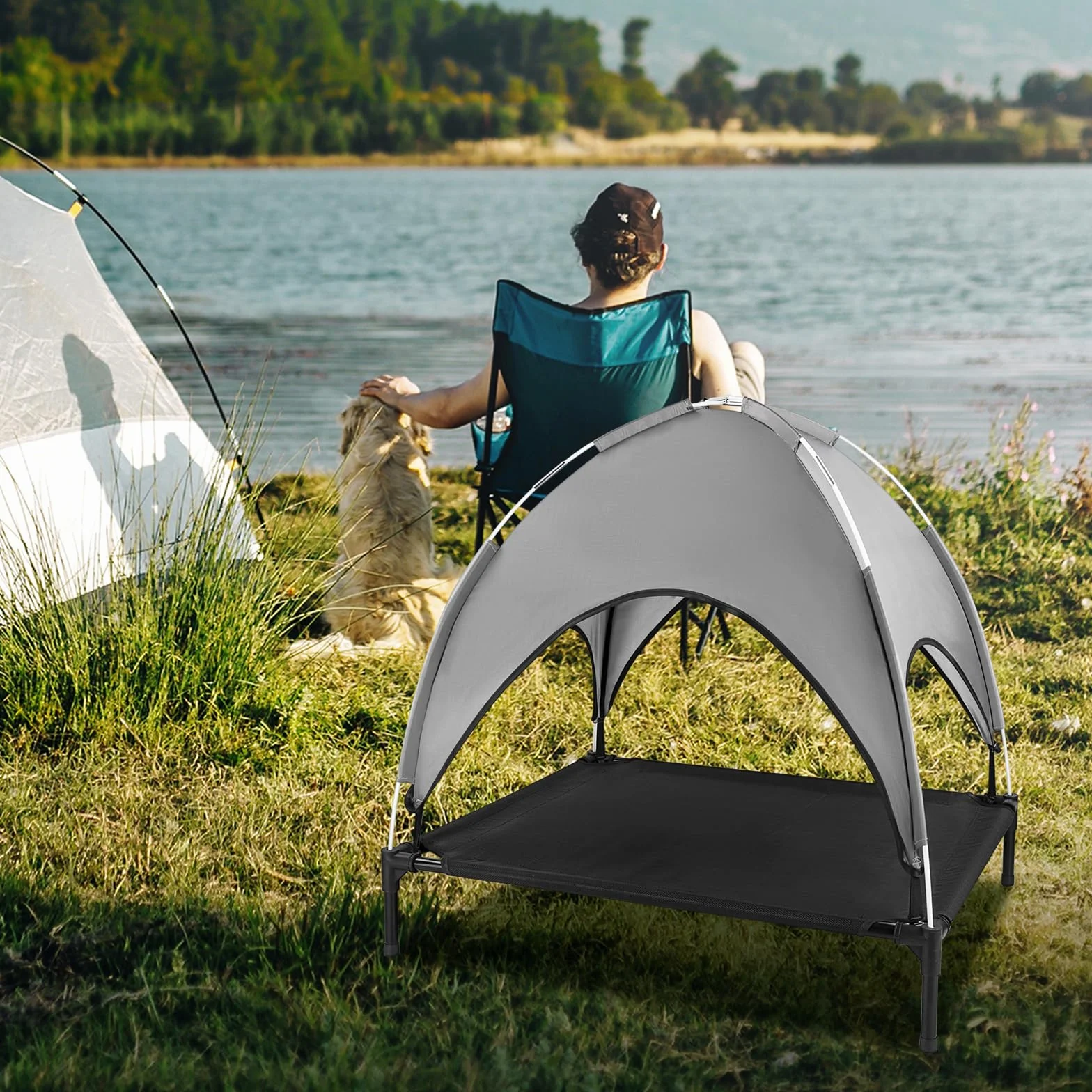 Lit Chien Surélevé avec Parasol, Lit de Camp Chien Chat sur Pieds Tissu Oxford Respirant, Anti-UV Cadre en Métal, Couchage Extérieur pour Chat, 92 x 76 x 94 cm, Gris