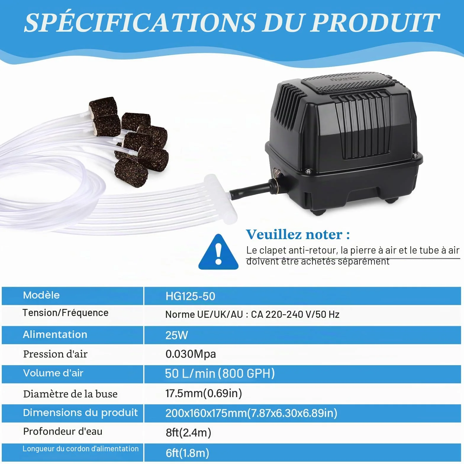 hygger Pompe à Air pour Bassin 25W Silencieuse Extérieur avec Conversion Connecteur