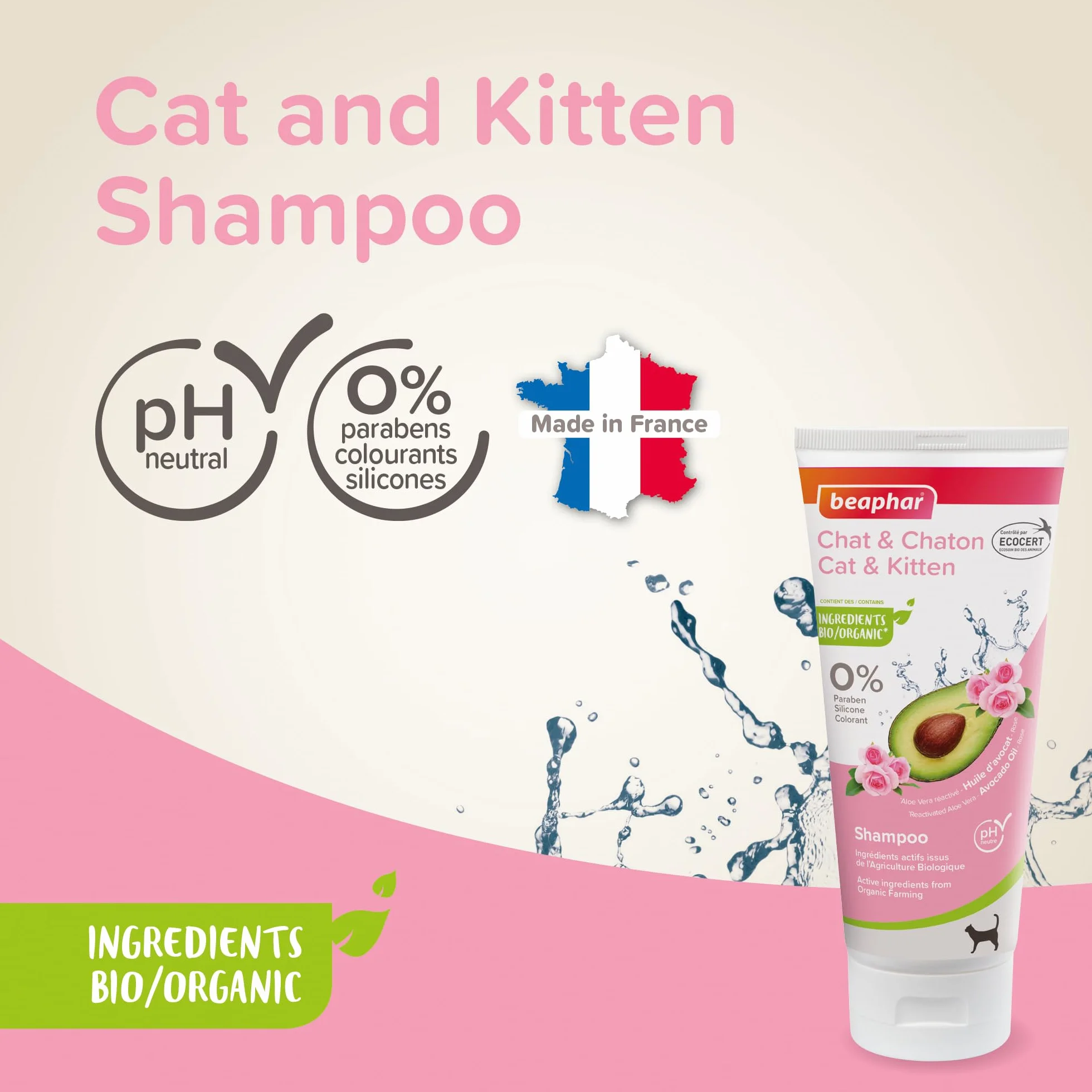 BEAPHAR Shampoing Éco-certifié pour Chat et Chaton à l'Aloe Vera, Huile d'Avocat et Rose Bio pH Neutre 200 ML