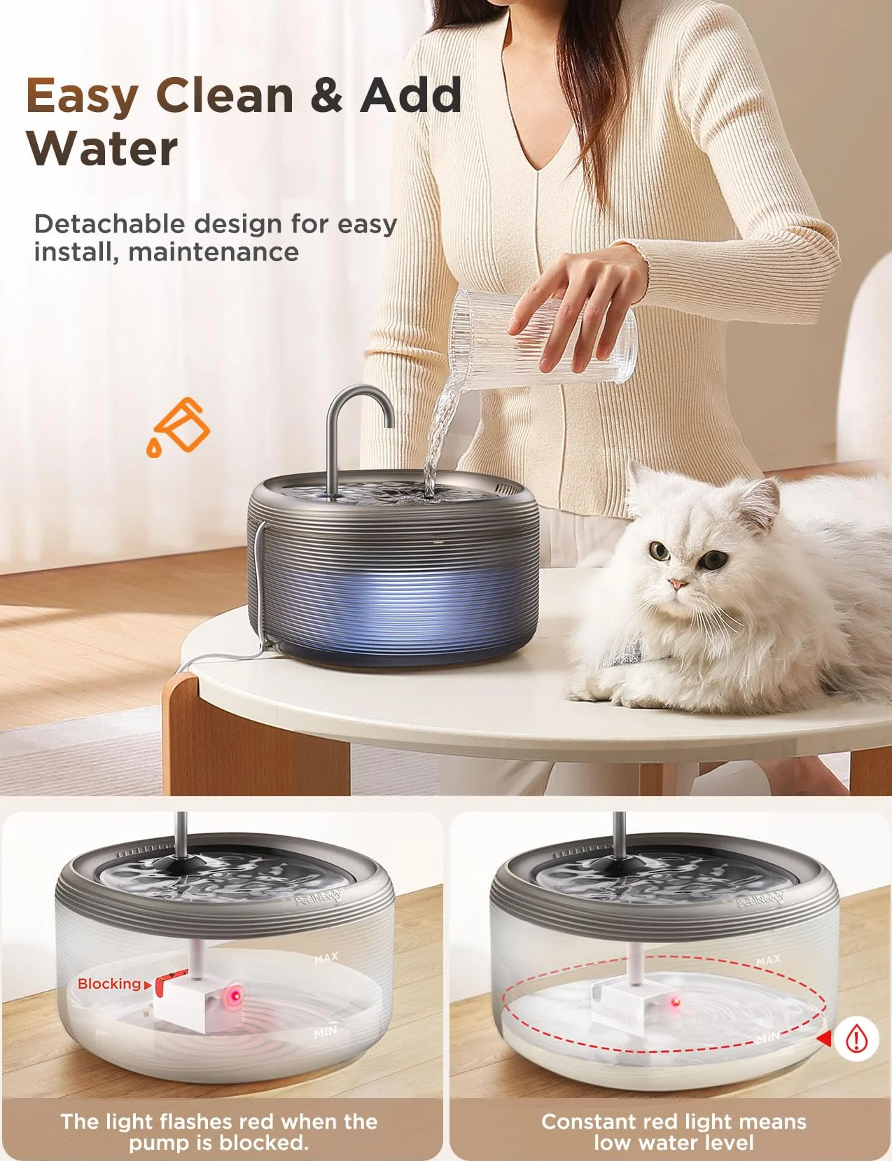 Fontaine à Eau pour Chat FEELNEEDY 3,2L Ronde avec Robinet Silencieux LED 2 Débits Bac 210 ML 3 Filtres