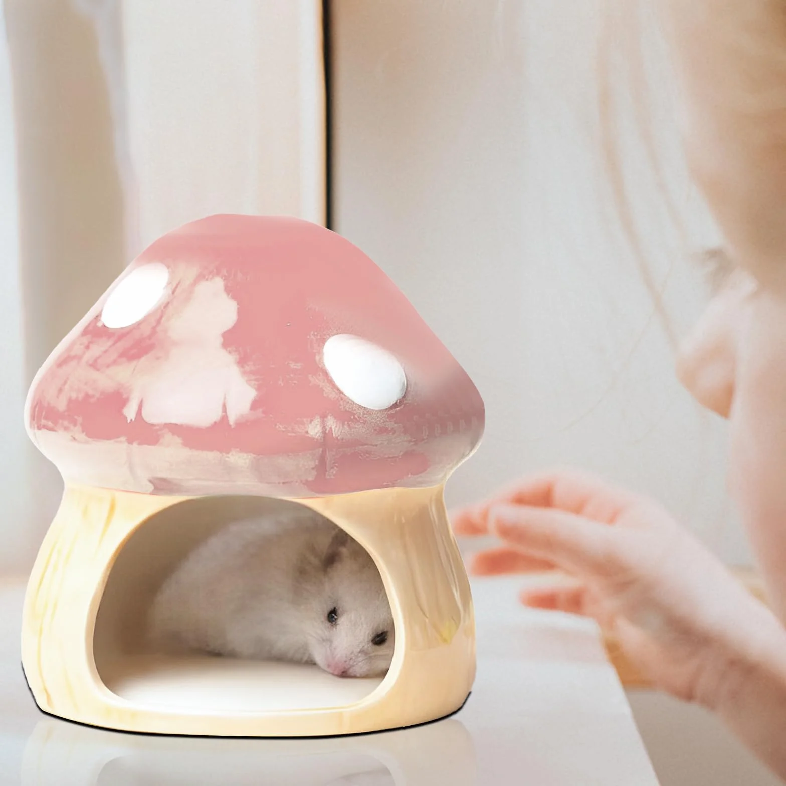Nizirioo Niche unique en céramique pour hamster : cachette durable pour hamster, cabane et jouet dentaire, tunnel en forme de champignon, grandes entrées pour gerbilles, souris, chinchillas (rose)