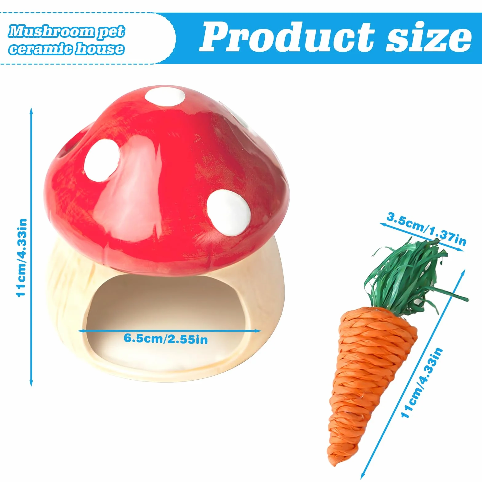 Maison en céramique pour hamster : cachette durable pour hamster, hamster et tunnel pour jouets dentaires en forme de champignon, grandes entrées pour gerbilles, souris, chinchillas (rouge)
