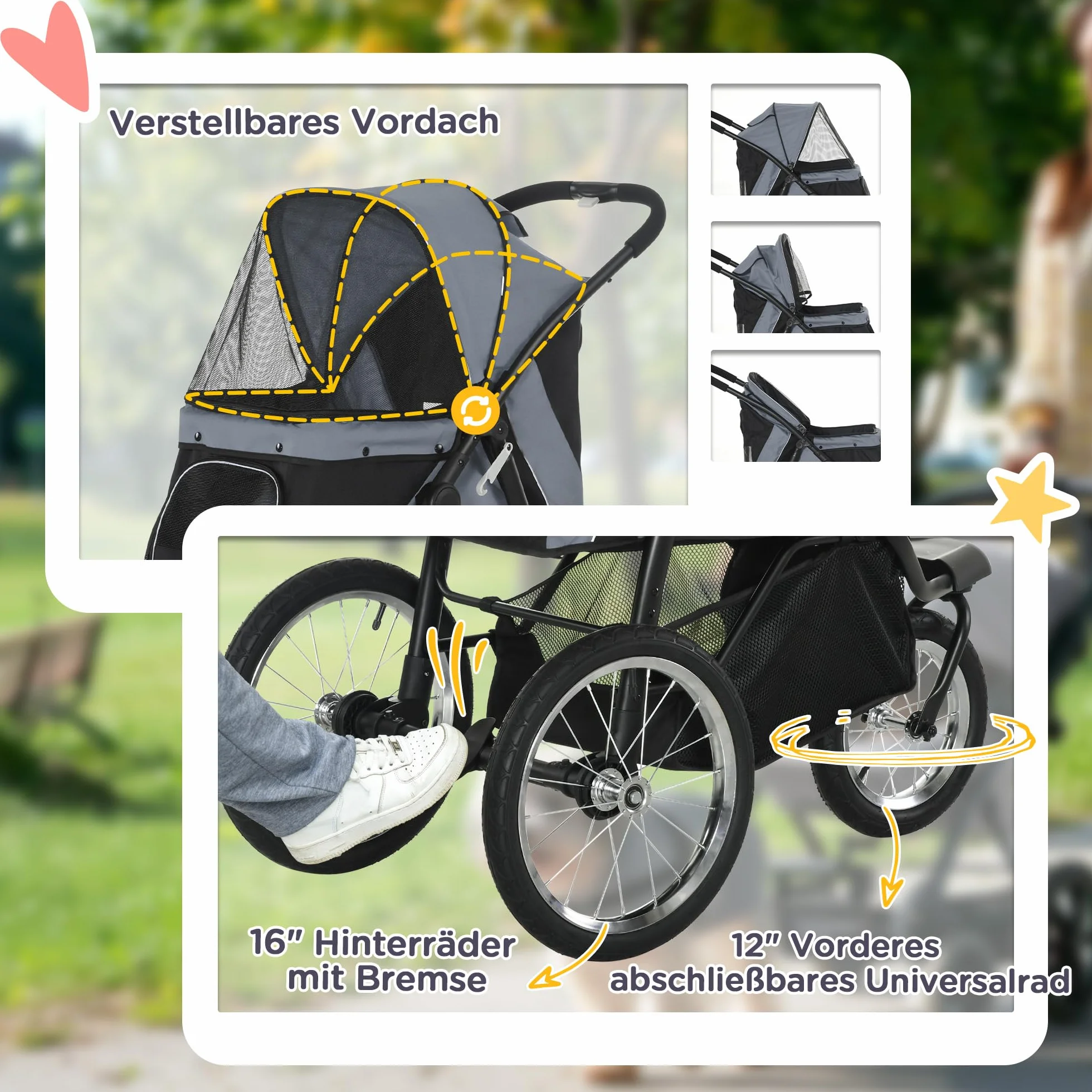 PawHut poussette pliante pour chien et chat avec réflecteurs, protection solaire, fenêtre en filet, panier de rangement