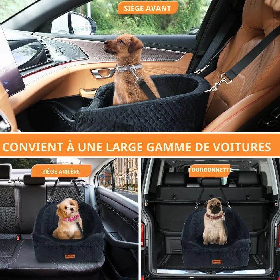 Siège Auto pour Petit Chien Rehausseur Amovible Lavable jusqu'à 11,3 kg Lit de Voyage avec Rangement Ceinture de Sécurité Noir